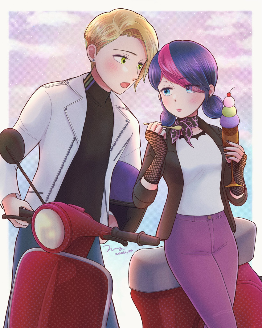 1boy 1girl adrien_agreste black_gloves black_jacket black_shirt blazer blonde_hair blue_eyes blue_hair blue_pants blush catnoir_love clouds cloudy_sky food gloves green_eyes highres holding holding_spoon ice_cream jacket looking_at_another marinette_dupain-cheng miraculous_ladybug motor_vehicle motorcycle open_clothes open_jacket open_mouth pants pink_pants scooter shirt short_hair short_twintails sky spoon twintails vespa white_jacket white_shirt