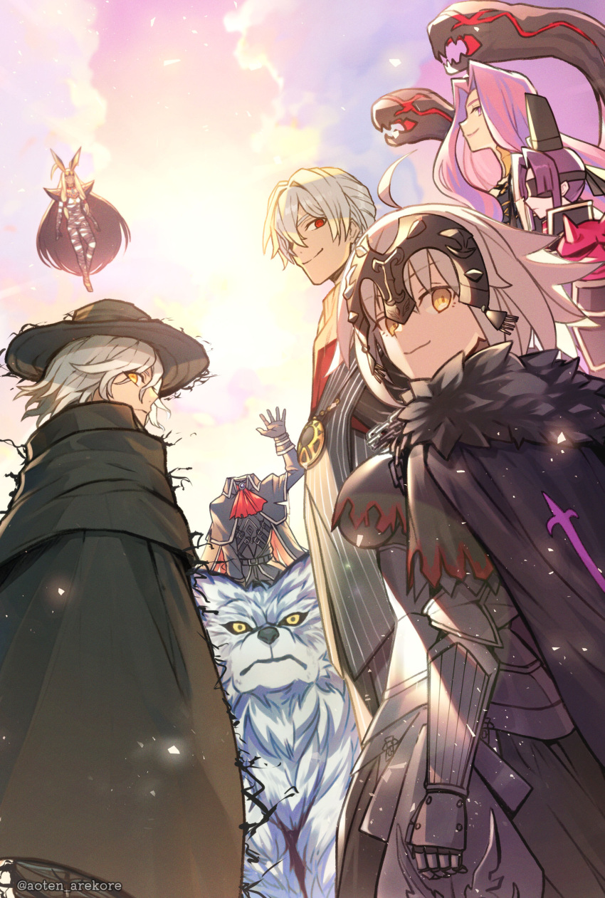 3boys 4girls absurdres ahoge animal animal_ears antonio_salieri_(fate) antonio_salieri_(second_ascension)_(fate) aoten_(aoiroarekore) armor ascot black_armor black_blindfold black_cape black_gloves black_hair black_hat black_suit blindfold cape closed_mouth clouds commentary_request covered_eyes dark-skinned_female dark_skin dress edmond_dantes_(fate) fate/grand_order fate_(series) flying fur_collar fur_trim gauntlets gloves gorgon_(fate) grey_hair hat headless headpiece height_difference hessian_(fate) highres jackal_ears jeanne_d'arc_alter_(avenger)_(fate) jeanne_d'arc_alter_(avenger)_(first_ascension)_(fate) jeanne_d'arc_alter_(fate) lobo_(fate) long_hair looking_at_viewer medusa_(fate) multiple_boys multiple_girls nitocris_(fate) nitocris_alter_(fate) outdoors pink_eyes pink_hair profile red_ascot red_eyes short_hair sky smile snake_hair suit sunlight taira_no_kagekiyo_(fate) tate_eboshi twitter_username ushiwakamaru_(fate) white_hair wolf yellow_eyes