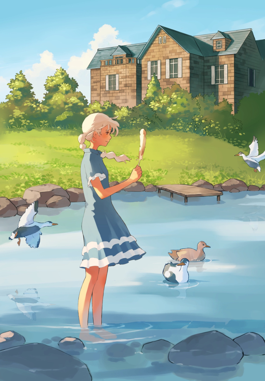 1girl bird blue_dress blue_sky blush braid braided_ponytail brown_eyes bush closed_mouth clouds cloudy_sky dock dress duck feathers floating_hair from_side full_body grass highres hill holding holding_feather house looking_at_animal low_ponytail original outdoors profile reflection reflective_water river rock short_sleeves sky smile solo taizo_(taizo_03) tree wading water white_hair