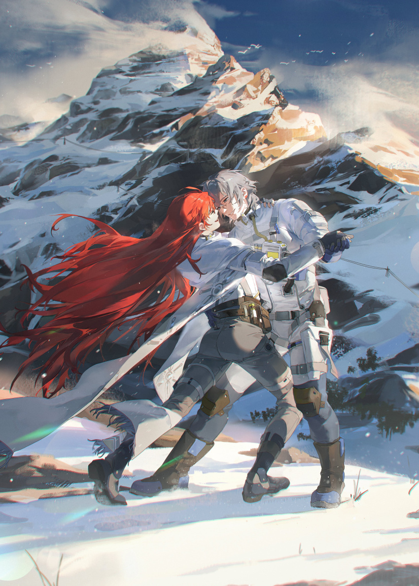 1boy 1girl absurdres belt black_footwear black_gloves boots coat dancing earrings fanny_pack full_body gloves grey_hair highres holding_hands jacket jewelry light_particles long_hair looking_at_another mountain mountainous_horizon original outdoors pants red_eyes redhead short_hair sky snow standing very_long_hair wangan white_coat white_hair white_jacket