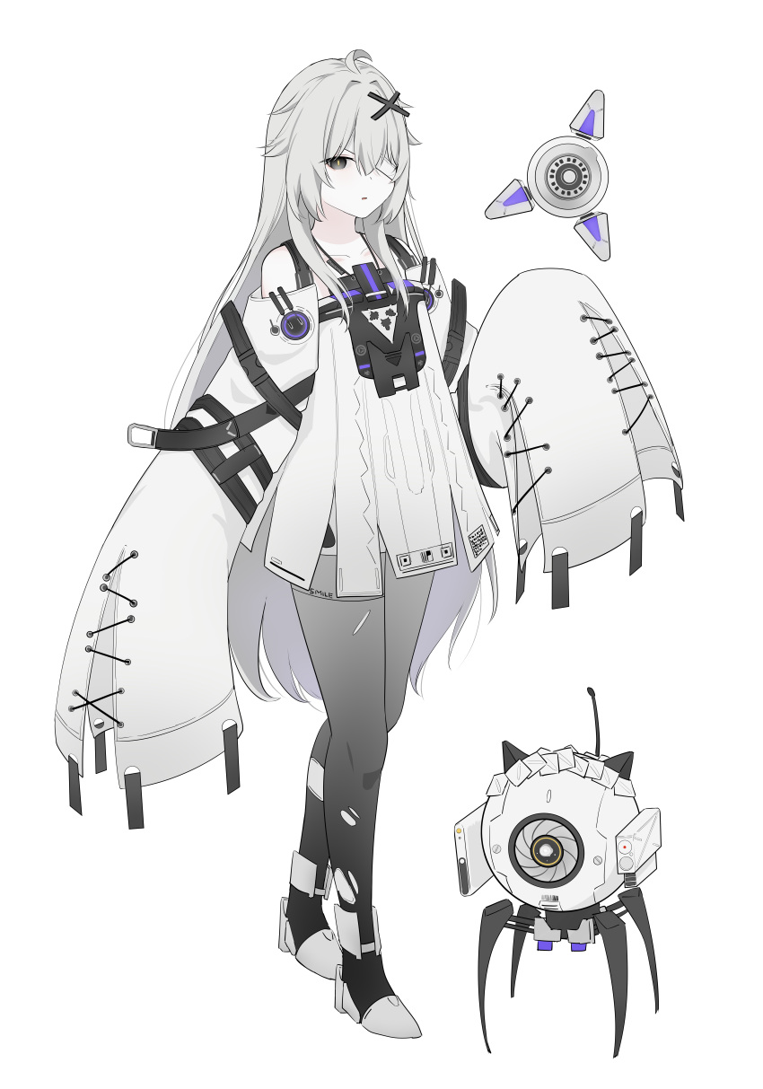 1girl 1other absurdres ahoge aurilia_(user_8748) bandage_over_one_eye chest_protector detached_sleeves dress drone full_body grey_dress grey_eyes grey_hair grey_pantyhose grey_sleeves hair_between_eyes hair_ornament hair_over_shoulder highres long_hair looking_at_viewer messy_hair no.21's_buddy_(punishing:_gray_raven) no.21:_xxi_(punishing:_gray_raven) no.21_(punishing:_gray_raven) non-humanoid_robot one-eyed pale_skin pantyhose parted_lips punishing:_gray_raven radio_antenna robot short_dress sidelocks sleeves_past_fingers sleeves_past_wrists suspenders torn_clothes torn_pantyhose unkempt very_long_hair white_background x_hair_ornament