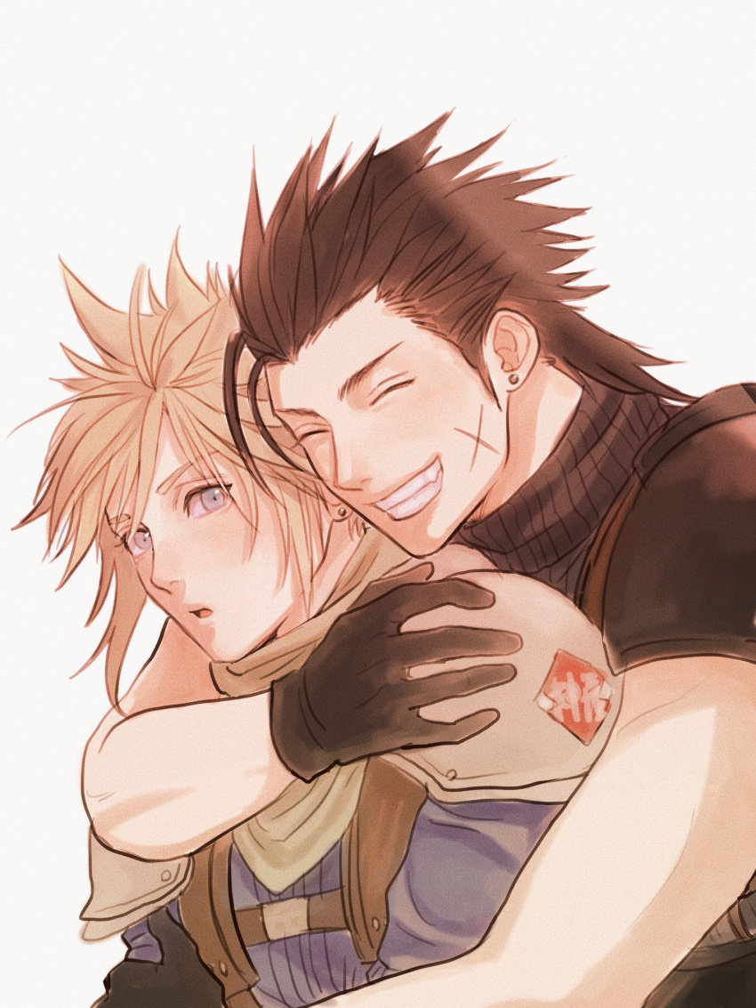 2boys armor black_gloves black_hair blonde_hair blue_eyes closed_eyes cloud_strife commentary_request crisis_core_final_fantasy_vii cross_scar earrings final_fantasy final_fantasy_vii gloves green_scarf grin highres hug hug_from_behind jewelry male_focus multiple_boys niburuchan_zc parted_lips scar scar_on_cheek scar_on_face scarf shinra_infantry_uniform shoulder_armor simple_background sleeveless sleeveless_turtleneck smile spiky_hair stud_earrings sweater teeth turtleneck turtleneck_sweater upper_body zack_fair