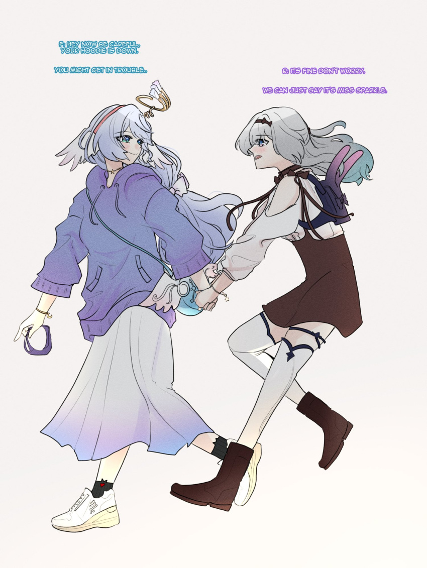 2girls alternate_costume aqua_eyes aqua_hair black_socks blue_hair boots brown_footwear brown_skirt choikfu choker closed_mouth english_text firefly_(honkai:_star_rail) full_body gradient_hair grey_hair halo head_wings highres holding holding_hands holding_mask honkai:_star_rail honkai_(series) hood hoodie long_hair long_skirt long_sleeves looking_at_another mask mouth_mask multicolored_eyes multicolored_hair multiple_girls open_mouth purple_hoodie purple_skirt robin_(honkai:_star_rail) shirt shoes simple_background skirt smile socks thigh-highs white_footwear white_shirt white_skirt white_thighhighs wings
