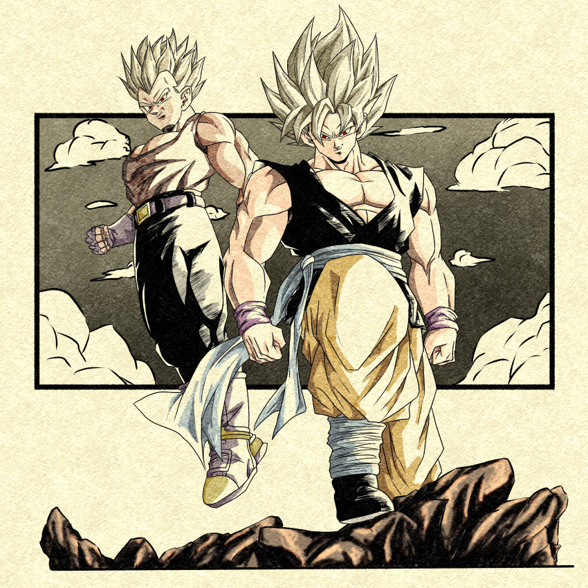2boys absurdres blonde_hair dragon_ball dragon_ball_gt hashtag-only_commentary highres limited_palette male_focus medium_hair multiple_boys muscular muscular_male noir_illust pants red_eyes red_tank_top sash short_hair smirk son_goku spiky_hair super_saiyan super_saiyan_1 tank_top tunic vegeta yellow_pants