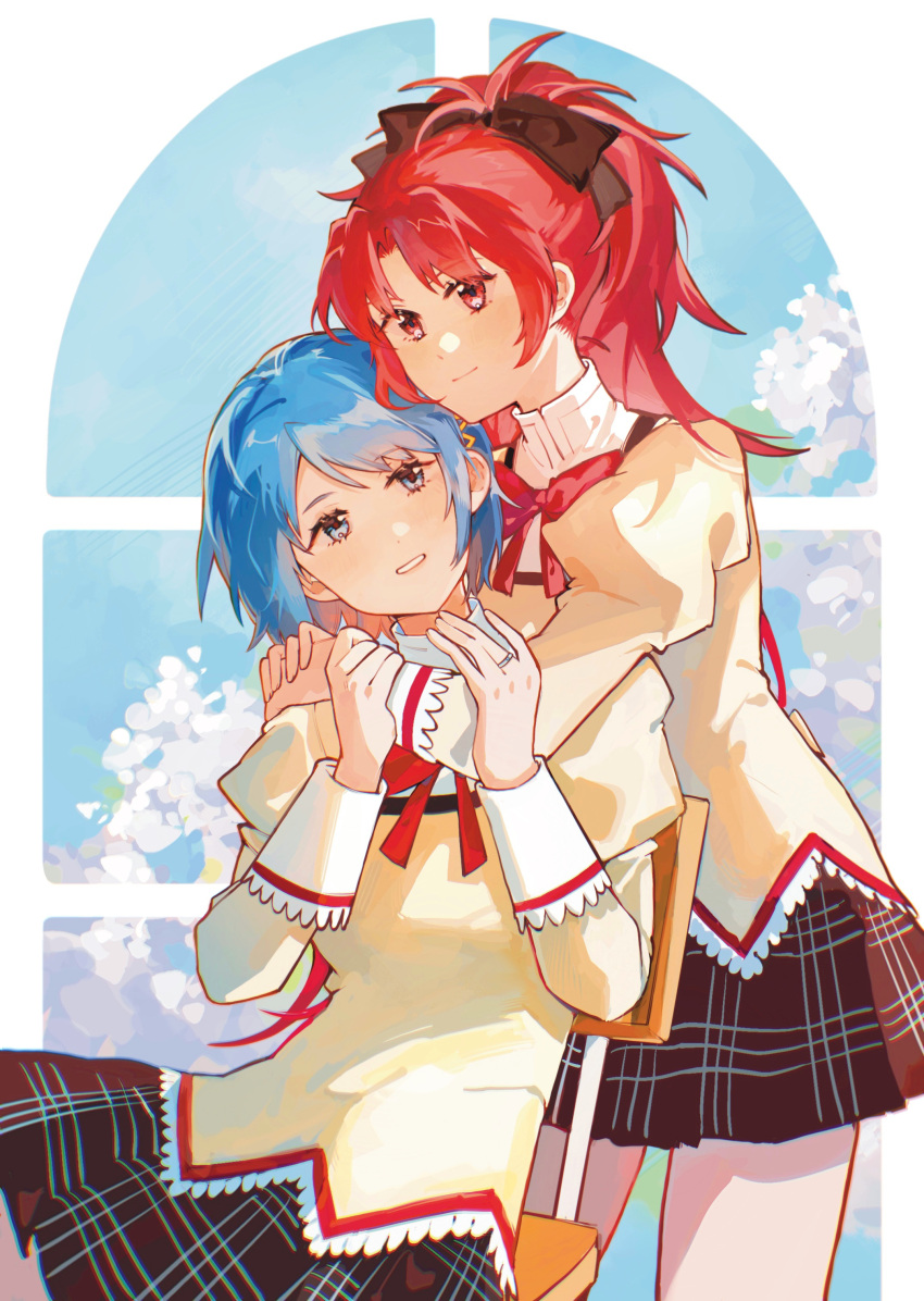 2girls absurdres arms_around_neck black_skirt blue_eyes blue_hair blue_sky bow bowtie chinese_commentary collared_jacket commentary_request cowboy_shot day hair_bow hair_ornament hairclip hands_on_another's_arm highres jacket jewelry juliet_sleeves long_hair long_sleeves mahou_shoujo_madoka_magica mahou_shoujo_madoka_magica_(anime) miki_sayaka mitakihara_school_uniform multiple_girls parted_lips plaid plaid_skirt ponytail puffy_sleeves red_bow red_bowtie red_eyes redhead ring sakura_kyoko school_uniform short_hair skirt sky smile standing swept_bangs window yellow_jacket yuri ziyin