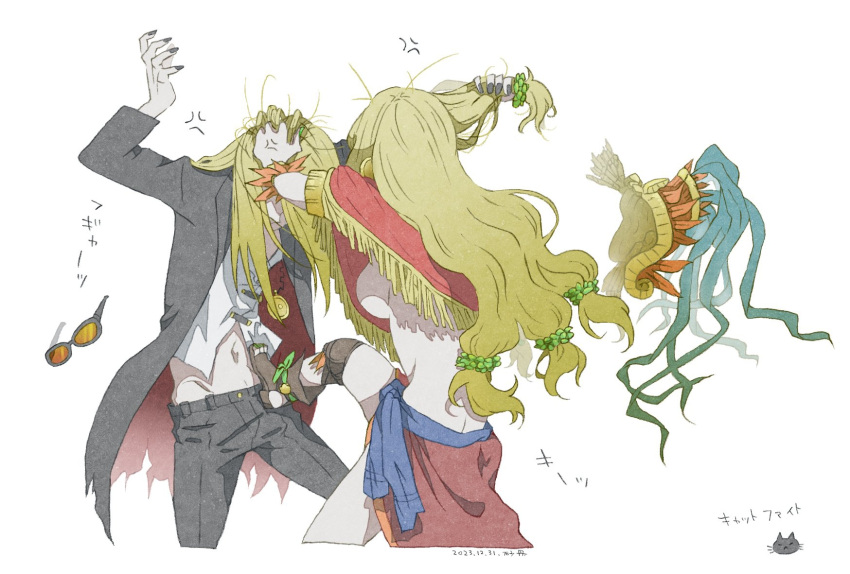 1boy 1girl anger_vein blonde_hair brother_and_sister fate/grand_order fate_(series) fighting grabbing_another's_hair headdress_removed highres ningqingheng quetzalcoatl_(fate) siblings tezcatlipoca_(fate)