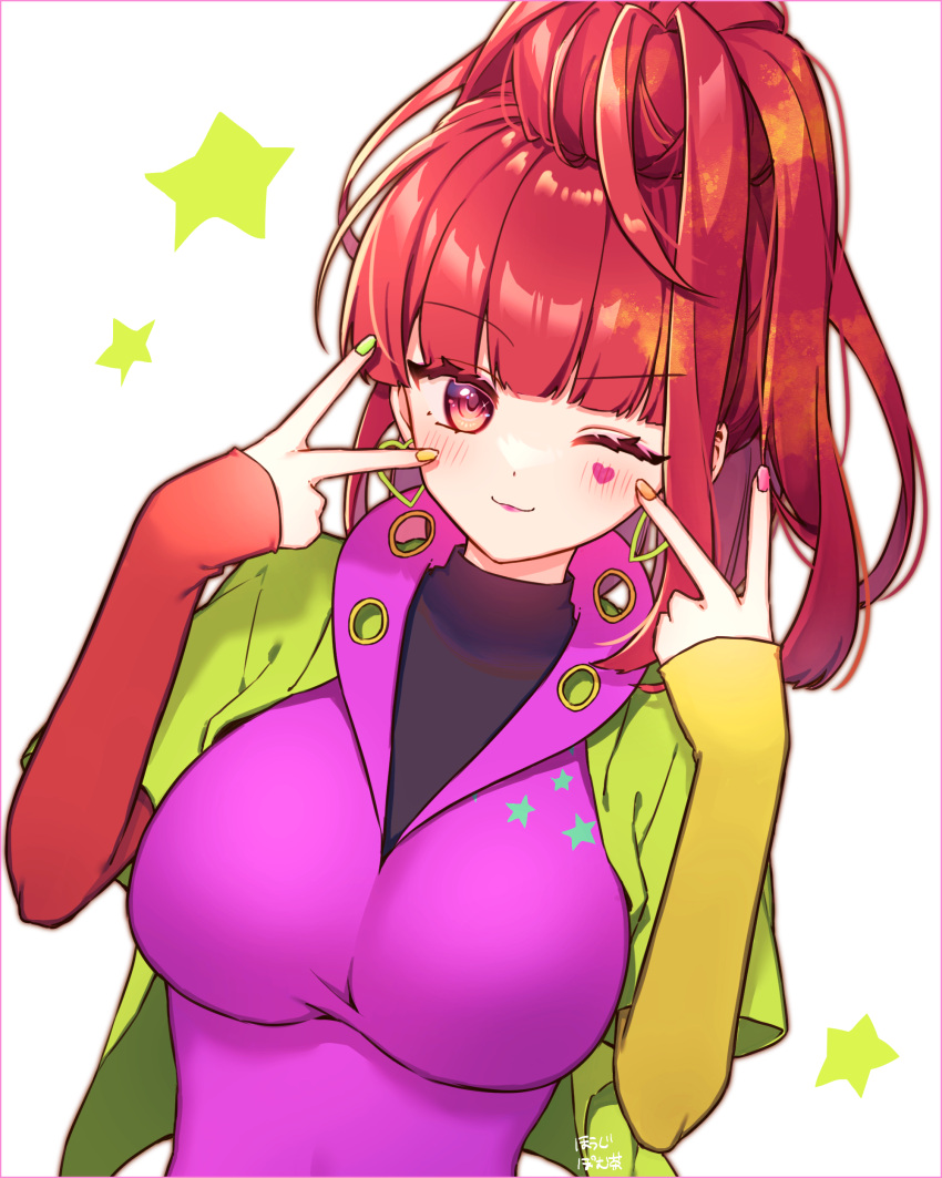 1girl absurdres artist_name breasts double_v earrings facial_tattoo gnosia green_sleeves heart heart_earrings heart_tattoo high_ponytail highres hime_cut jewelry long_hair looking_at_viewer nail_polish ponytail red_eyes redhead smile solo sq_(gnosia) star_(symbol) tattoo user_tgmg8735 v