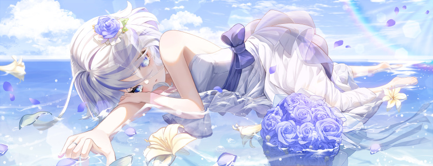 1girl absurdres ahoge bare_arms bare_shoulders barefoot blue_eyes blue_flower blue_hair blue_petals blue_ribbon blue_rose blue_sky bouquet clouds cloudy_sky commentary day dress flower flower_request furina_(genshin_impact) genshin_impact hair_flower hair_ornament hand_on_own_arm highres jewelry leegh19769 light_blue_hair looking_at_viewer multicolored_hair parted_lips ribbon ring rose see-through sky soles solo sunlight tearing_up veil water white_dress white_flower white_hair