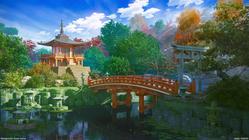 3d autumn_leaves blue_sky branch bridge bush clouds day grass highres landscape mixed-language_commentary original outdoors railing reflection rock scenery sitai_xiii sky stream temple torii tree watermark