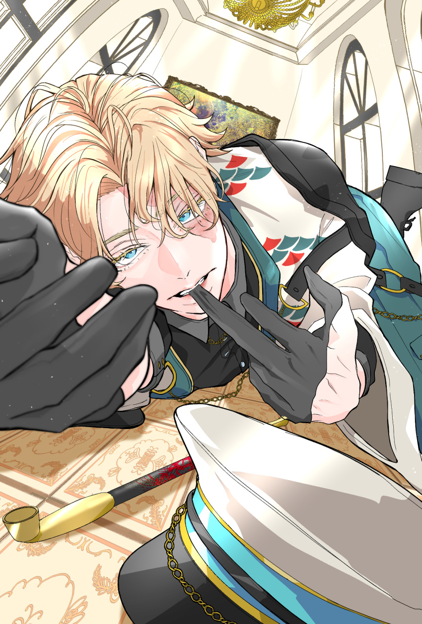 1boy biting black_gloves black_jacket black_vest blonde_hair blue_eyes burn_scar ceiling chain collared_shirt female_pov franz0224 glove_biting glove_pull gloves grey_shirt half_gloves hat highres inui_seishu jacket light_rays lying male_focus on_floor on_stomach parted_bangs parted_lips pov reaching reaching_towards_viewer scar scar_on_face shirt short_hair smoking_pipe solo teeth tokyo_revengers vest witch_hat