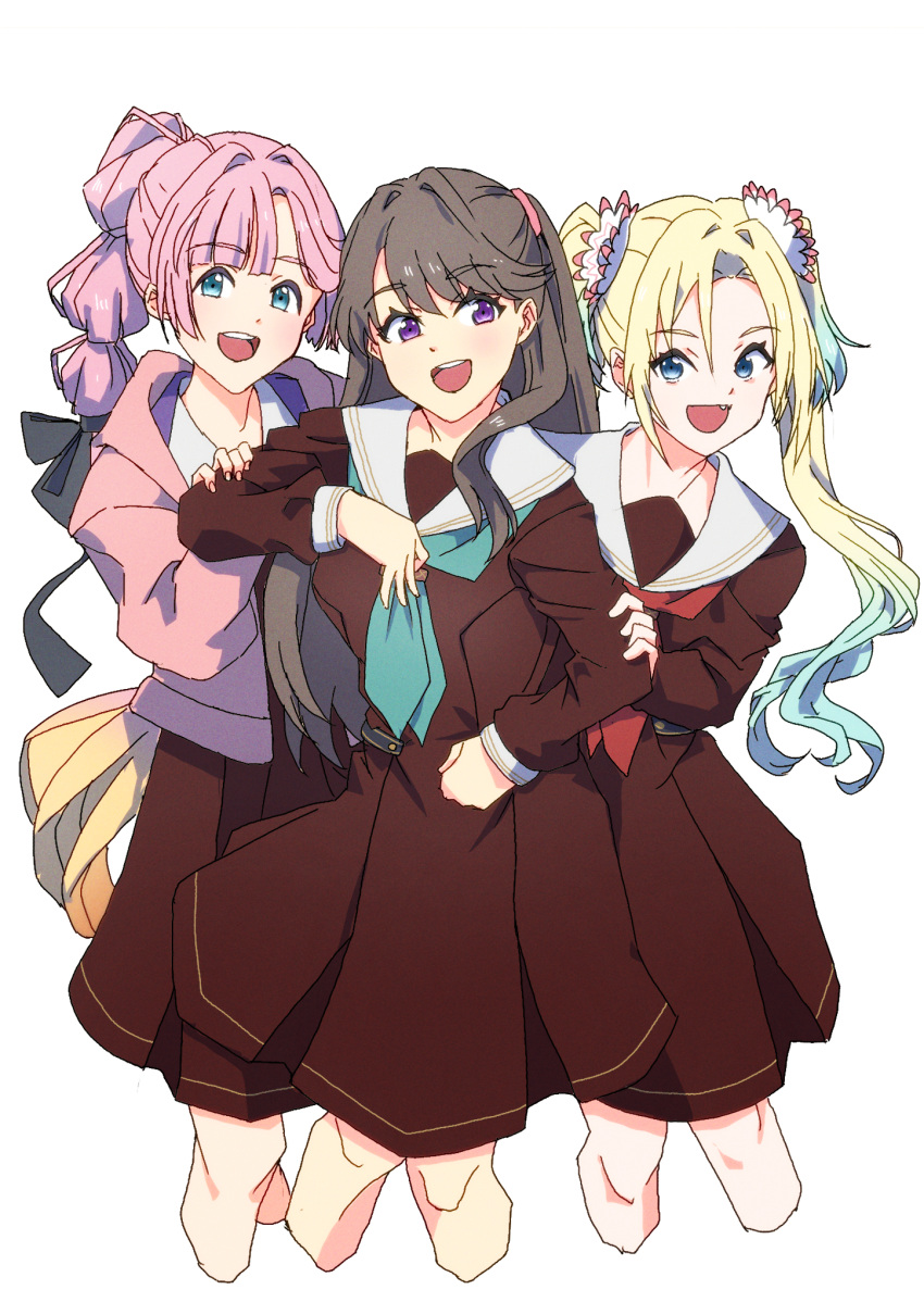 3girls :d anyoji_hime aqua_neckerchief black_ribbon blonde_hair blue_eyes blue_hair blunt_bangs brown_dress brown_hair commentary cropped_legs dress fang feet_out_of_frame flower fujishima_megumi gradient_hair hair_flower hair_ornament hair_ribbon hand_on_another's_arm hasu_no_sora_school_uniform highres jacket light_blue_hair link!_like!_love_live! long_hair long_sleeves looking_at_viewer love_live! lunatic_rabbit medium_dress mira-cra_park! multi-tied_hair multicolored_hair multiple_girls neckerchief open_clothes open_jacket osawa_rurino parted_bangs pink_flower pink_hair pink_jacket pleated_dress ponytail red_neckerchief ribbon sailor_collar sailor_dress school_uniform sidelocks simple_background smile standing swept_bangs teeth twintails two_side_up upper_teeth_only very_long_hair violet_eyes virtual_youtuber white_background white_flower white_sailor_collar winter_uniform