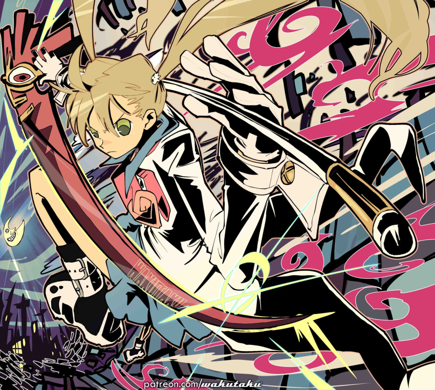 1girl 1other alternate_form blonde_hair boots buttons closed_mouth coat english_commentary glint gloves green_eyes hair_between_eyes highres holding holding_scythe holding_weapon looking_at_viewer maka_albarn moon night night_sky scythe skirt sky soul_eater soul_evans taku_(aywakutakuay) twintails weapon