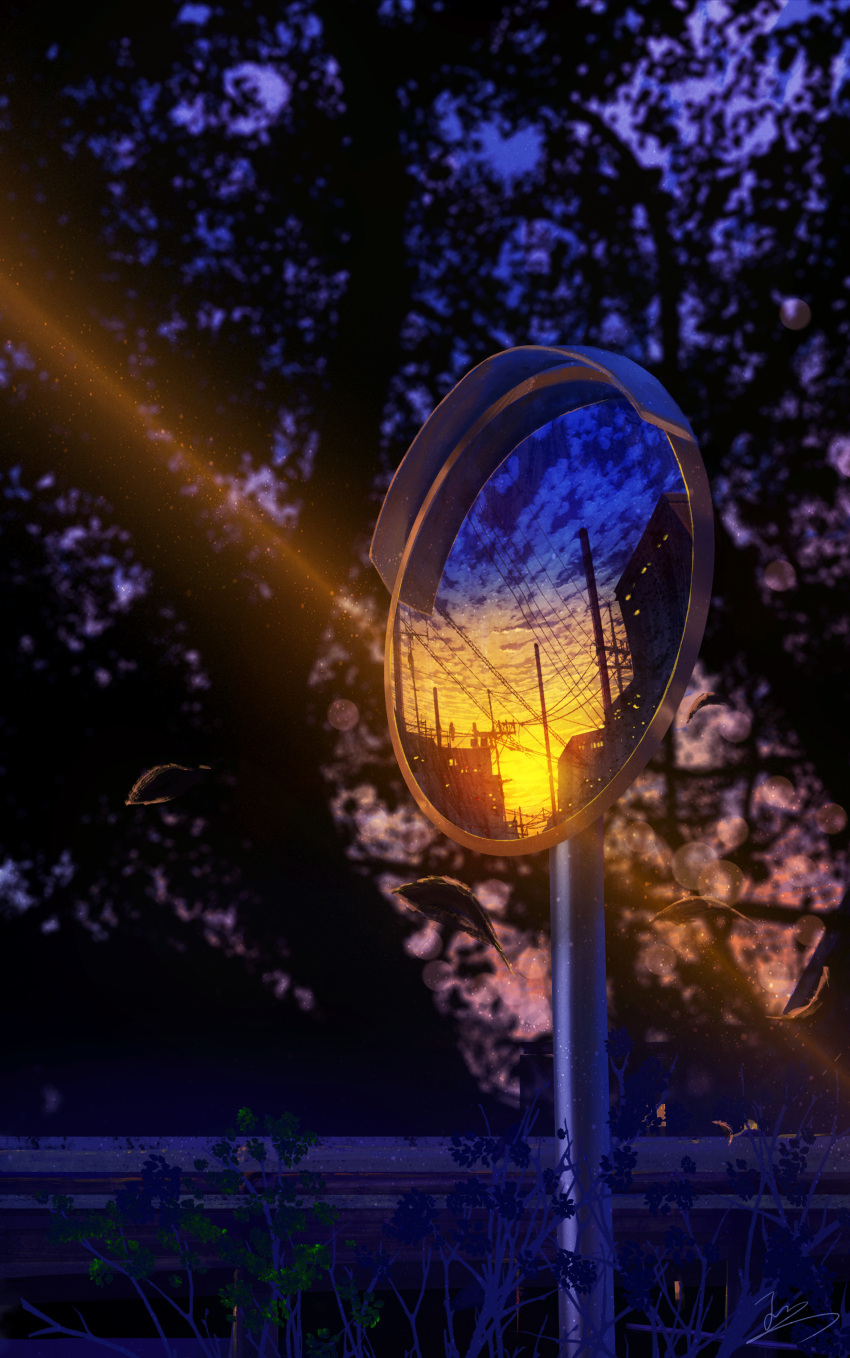 absurdres building clouds cloudy_sky evening guard_rail highres light_particles light_rays nature night night_sky no_humans original outdoors plant power_lines reflection scenery signature sky skyrick9413 still_life sunset traffic_mirror tree utility_pole