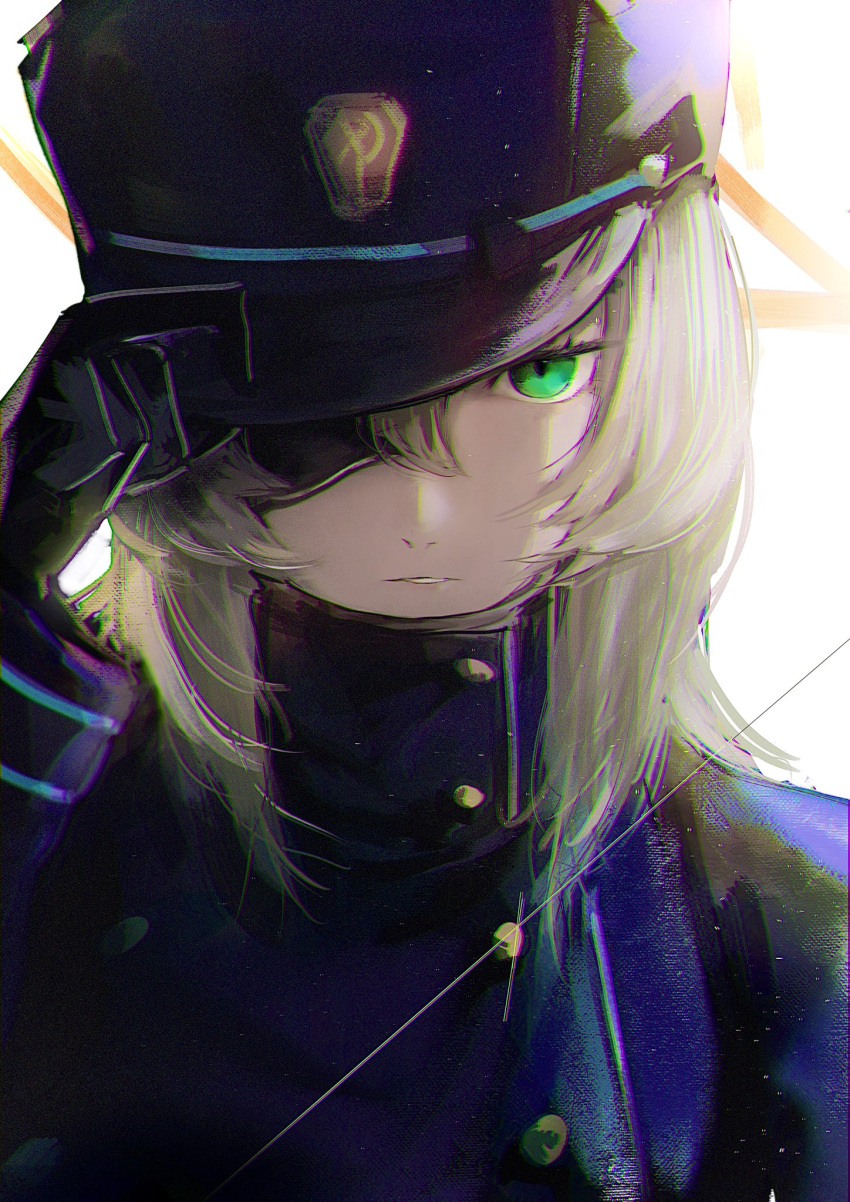 1girl adjusting_clothes adjusting_headwear black_gloves blonde_hair blue_archive blue_coat blue_hat closed_mouth coat commentary_request expressionless eyepatch gloves green_eyes hair_between_eyes hamaguri-san_(hamagur69200744) hat highres long_hair looking_at_viewer parted_lips peaked_cap solo suou_(blue_archive) upper_body