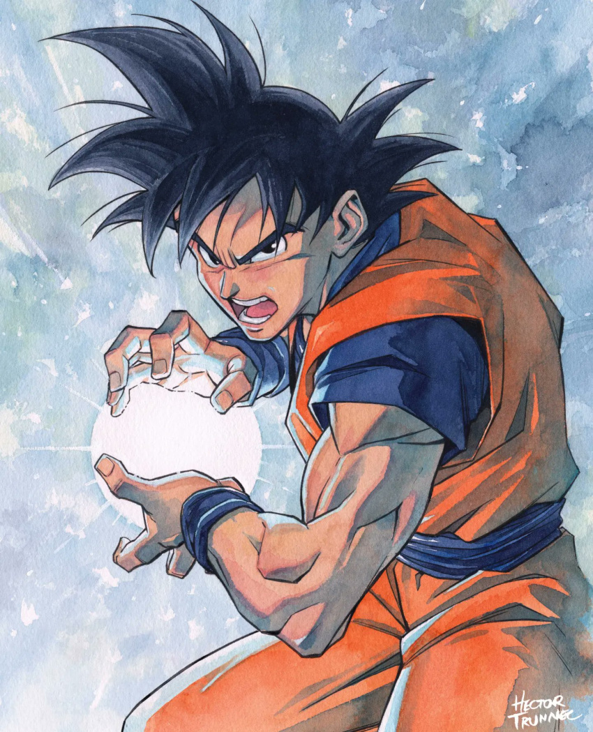 1boy black_eyes black_hair blue_background blue_sash blue_undershirt blue_wristband cowboy_shot dougi dragon_ball dragon_ball_z energy_ball fingernails forehead furrowed_brow glowing hector_trunnec highres incoming_attack kamehameha_(dragon_ball) looking_at_viewer male_focus muscular muscular_male open_hands open_mouth overexposure painting_(medium) paper_texture sash serious signature solo son_goku spiky_hair teeth tongue traditional_media triceps watercolor_(medium) wristband