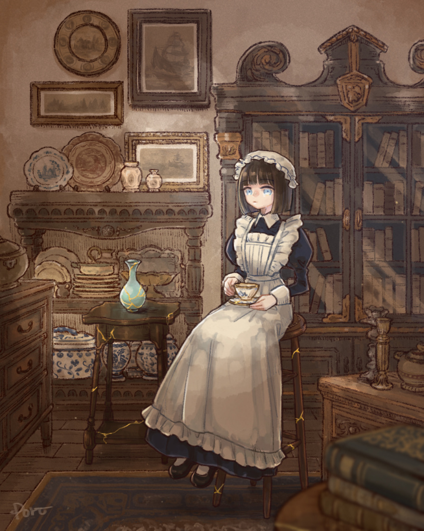 1girl apron black_dress bonnet book bookshelf brown_hair cup drawer dress grey_eyes highres holding holding_cup holding_saucer indoors maid maid_apron original painting_(object) port_(portzzz) saucer sitting solo stool teacup vase white_apron