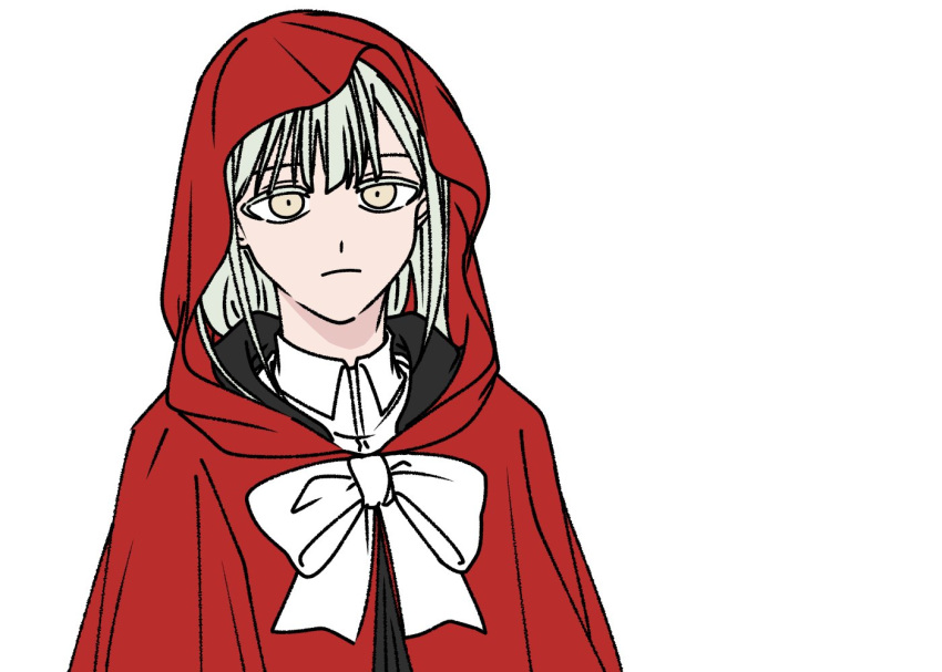 1girl a_jak bang_dream! bang_dream!_it's_mygo!!!!! bow bowtie cape closed_mouth collared_shirt commentary_request expressionless green_hair hood hooded_cape korean_commentary long_hair red_cape shirt simple_background solo upper_body wakaba_mutsumi white_background white_bow white_bowtie white_shirt yellow_eyes