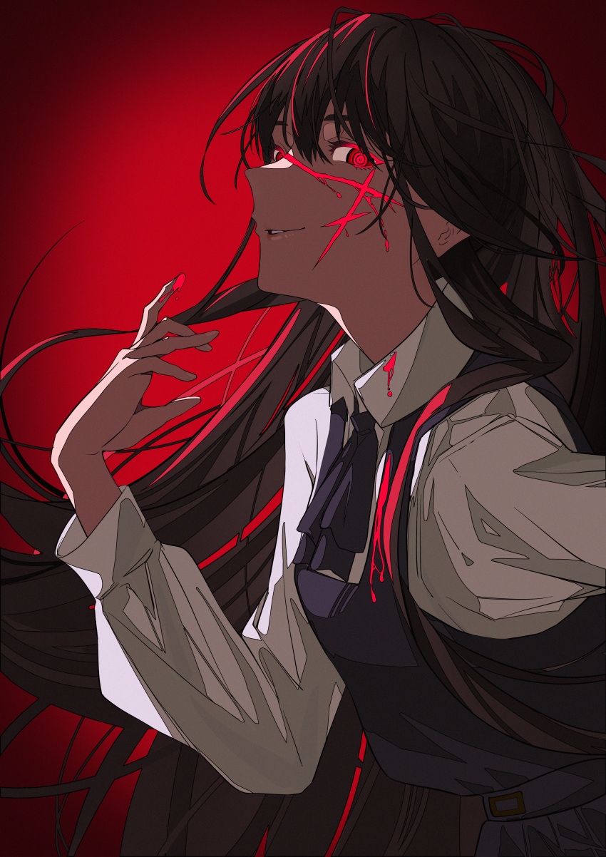 1girl absurdres black_dress black_hair black_ribbon blood blood_on_clothes blood_on_face blood_on_hands chainsaw_man commentary_request cross_scar dress evil_grin evil_smile floating_hair fourth_east_high_school_uniform grin highres long_hair long_sleeves looking_at_viewer neck_ribbon pinafore_dress red_background red_eyes ribbon ringed_eyes scar scar_on_face school_uniform shirt simple_background sleeveless sleeveless_dress smile solo uko_0817 very_long_hair white_shirt yoru_(chainsaw_man)