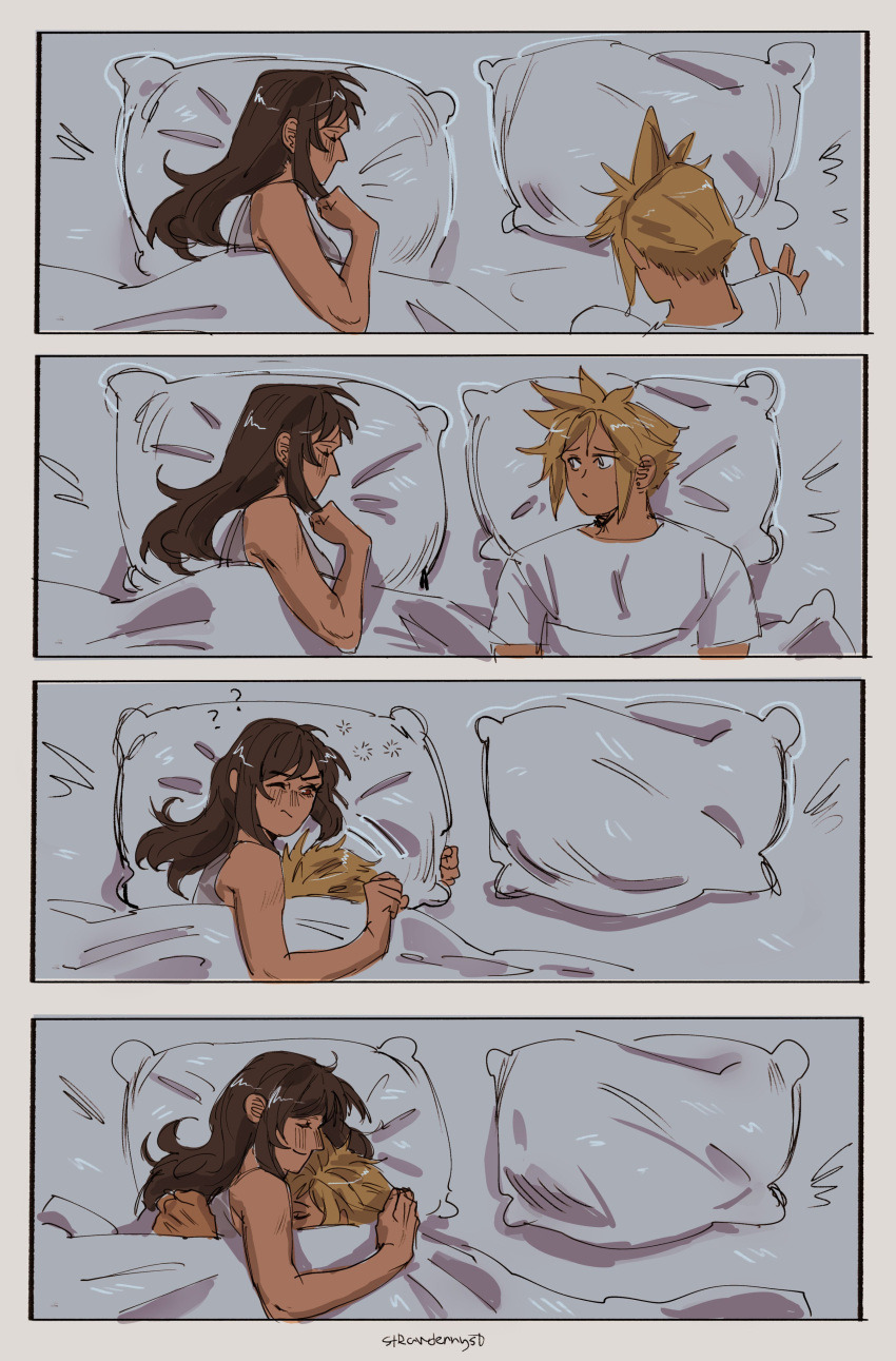 1boy 1girl ? ?? absurdres bed bed_sheet black_hair blonde_hair closed_mouth cloud_strife commentary couple cuddling final_fantasy final_fantasy_vii highres hug long_hair looking_at_another lying on_back on_side pillow profile sequential shirt short_hair short_sleeves sleeping smile spiky_hair strawderryst symbol-only_commentary tifa_lockhart twitter_username under_covers upper_body white_shirt