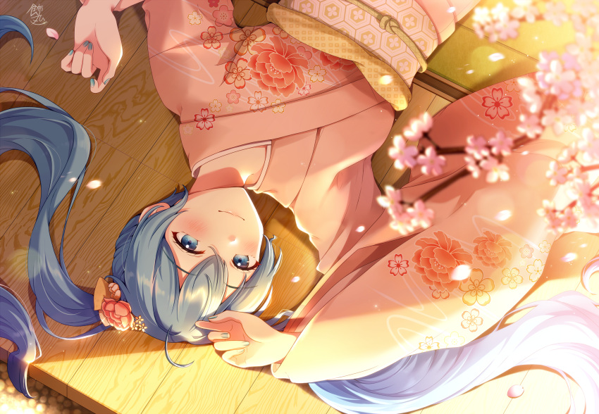 1girl blue_eyes blue_hair blue_nails blurry commentary_request depth_of_field fingernails floral_print flower hair_flower hair_ornament hatsune_miku highres japanese_clothes kazari_hisa kimono long_hair looking_at_viewer lying on_back signature smile solo sunlight twintails upside-down vocaloid