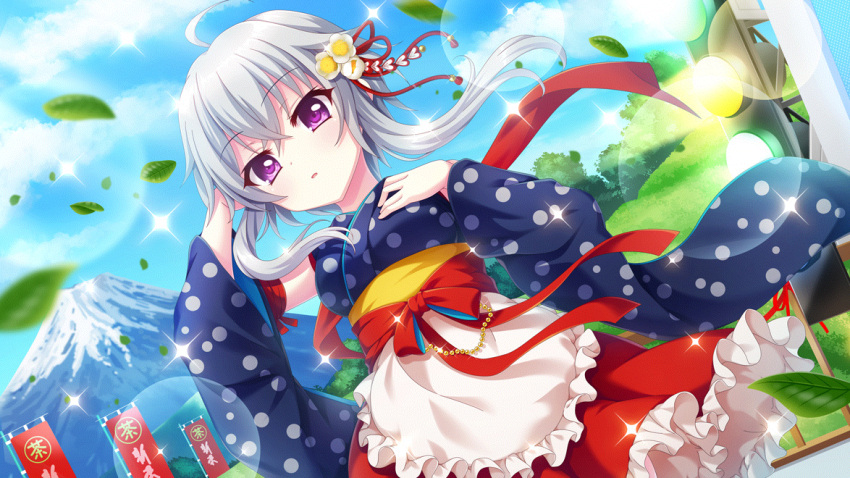 1girl ahoge apron banner blue_kimono blue_sky breasts clouds day detached_sleeves dot_nose dutch_angle film_grain game_cg grey_hair hair_ornament hand_in_own_hair hand_on_own_chest ichijou_ruka izumi_tsubasu japanese_clothes kimono leaf lens_flare looking_at_viewer mount_fuji non-web_source obi official_art outdoors parted_lips polka_dot re:stage! sash short_hair_with_long_locks sky small_breasts solo sparkle stage stage_lights tree violet_eyes