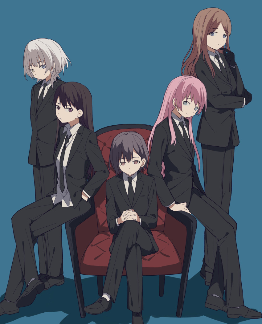 5girls absurdres armchair bang_dream! bang_dream!_it's_mygo!!!!! black_footwear black_gloves black_jacket black_necktie black_pants black_suit blue_background blue_eyes brown_eyes brown_hair chair chihaya_anon closed_mouth coldcat. collared_shirt commentary_request commission full_body gloves grey_eyes grey_hair heterochromia highres jacket kaname_raana long_hair long_sleeves looking_at_viewer medium_hair mole mole_under_eye multiple_girls mygo!!!!!_(bang_dream!) nagasaki_soyo necktie own_hands_together pants parted_lips pink_hair second-party_source shadow shiina_taki shirt short_hair simple_background sitting smile suit suit_jacket takamatsu_tomori white_hair white_shirt yellow_eyes