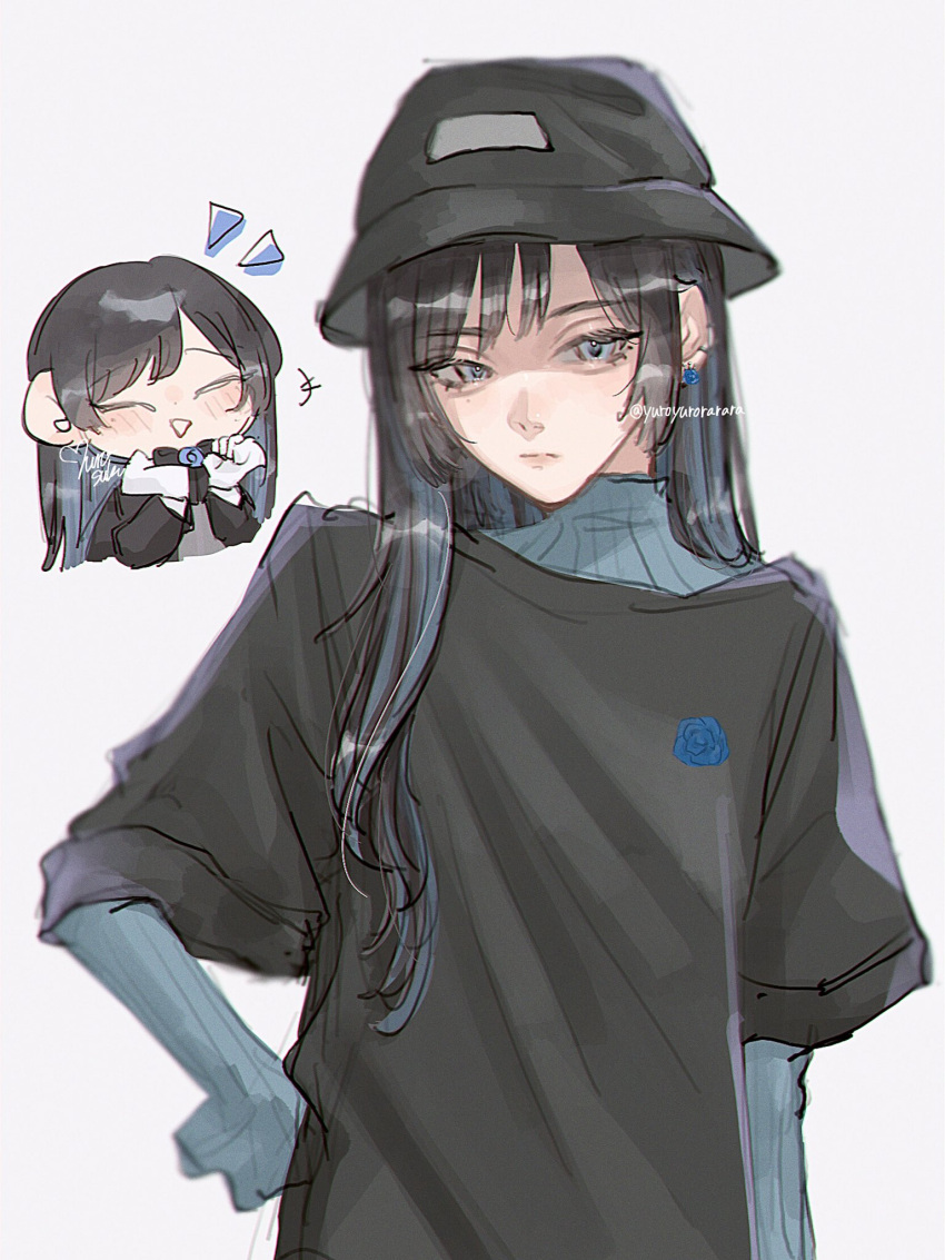 1girl ado_(utaite) aegyo_sal black_bow black_bowtie black_coat black_hair black_headwear black_shirt blue_eyes blue_hair blue_sweater bow bowtie bucket_hat chando_(ado) chibi closed_eyes closed_mouth cloud_nine_inc coat colored_inner_hair commentary_request earclip earrings flower_brooch gloves hand_on_own_hip hat highres jewelry long_hair long_sleeves mole mole_under_eye multicolored_hair multiple_views shirt signature simple_background sweater twitter_username two-tone_hair utaite white_background white_gloves yurosuke