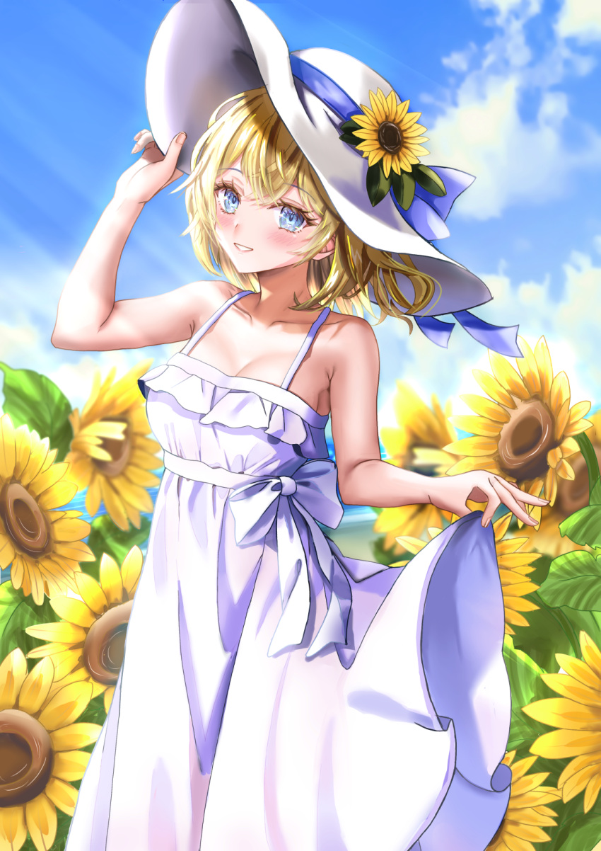 1girl bare_shoulders beach blonde_hair blue_bow blue_eyes blue_sky bow clouds cloudy_sky collarbone crossed_bangs dress field floating_hair flower flower_field frilled_dress frills hair_between_eyes hair_bow hand_on_headwear hands_up hat hat_flower highres light_blush light_rays looking_at_viewer medium_hair nqa22616 ocean original outdoors parted_lips sidelocks skirt_hold sky smile spaghetti_strap sun_hat sunbeam sunflower sunflower_field sunlight underbust white_bow white_dress white_hat