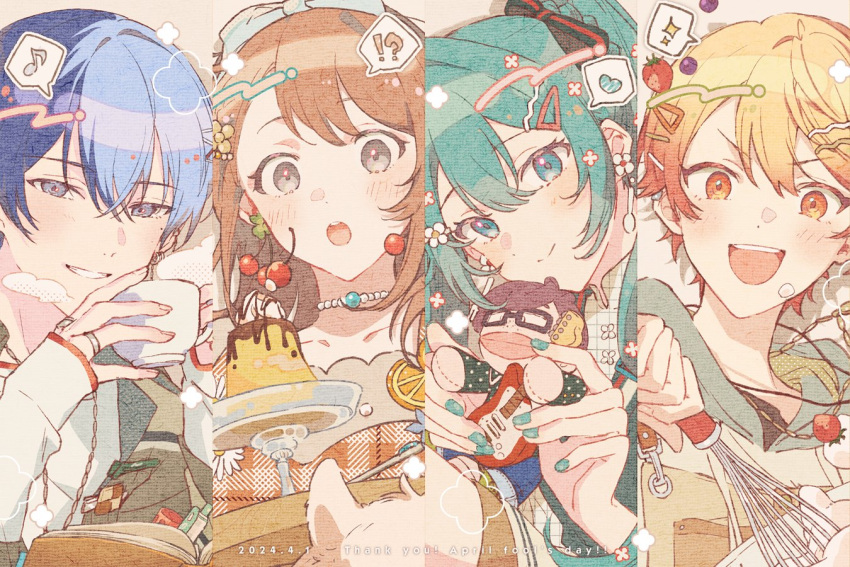 !? 2boys 2girls :o ? aoyagi_touya blonde_hair blue_eyes blue_hair blush book booo! bow bowl brown_background brown_eyes brown_hair brown_shirt character_doll cherry_blossoms commentary cup dated doll english_text food green_eyes green_hair grin hanasato_minori hatsune_miku heart holding holding_cup holding_doll holding_tray holding_whisk hood hoodie jacket jewelry looking_at_viewer mikkun_04 multicolored_hair multiple_boys multiple_girls musical_note nail_polish open_book orange_eyes plaid plaid_shirt project_sekai pudding ring shirt short_hair simple_background smile split-color_hair spoken_heart spoken_musical_note spoken_question_mark spoken_sparkle symbol-only_commentary tenma_tsukasa tray twintails upper_body visible_air vocaloid whipped_cream whisk white_bow white_jacket