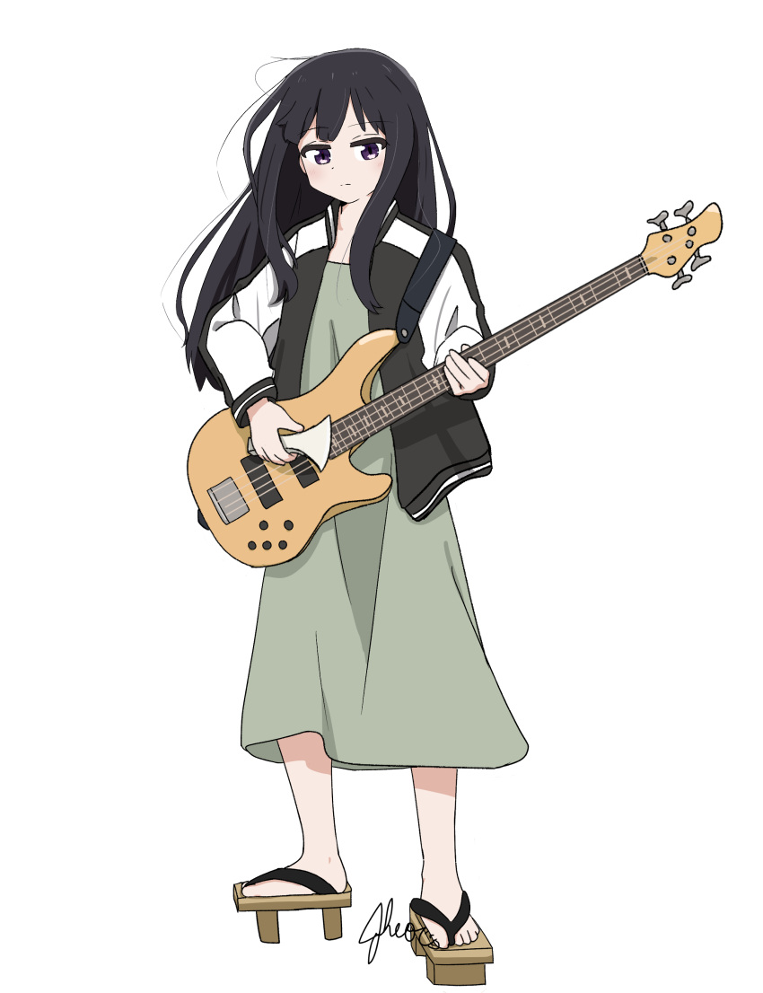1girl absurdres black_hair black_jacket bocchi_the_rock! chiochiiii commentary cosplay dress full_body geta green_dress highres hiroi_kikuri hiroi_kikuri_(cosplay) inoue_takina jacket long_hair long_sleeves lycoris_recoil open_clothes open_jacket playing_guitar sidelocks signature simple_background solo standing violet_eyes white_background