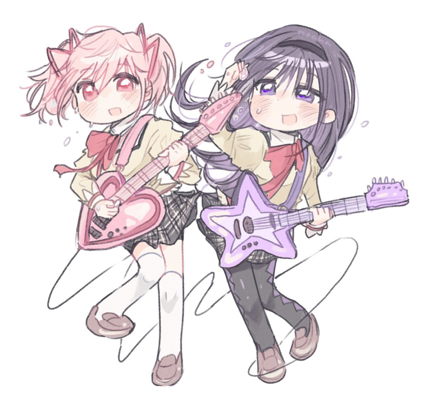 2girls akemi_homura black_hairband black_pantyhose black_skirt bow bowtie brown_jacket chibi commentary electric_guitar full_body guitar hair_bow hairband highres holding holding_guitar holding_instrument instrument jacket kaname_madoka kerimka31328031 kneehighs loafers long_hair mahou_shoujo_madoka_magica mahou_shoujo_madoka_magica_(anime) mitakihara_school_uniform multiple_girls no_nose open_mouth pantyhose pink_hair plaid plaid_skirt pleated_skirt purple_hair red_bow red_bowtie school_uniform shoes simple_background skirt socks standing standing_on_one_leg symbol-only_commentary twintails violet_eyes white_background white_socks wire