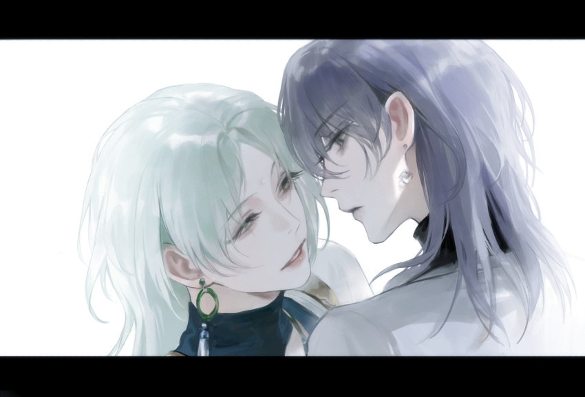 2girls black_shirt blue_hair caomufound chief_(path_to_nowhere) chinese_commentary coat commentary du_ruo_(path_to_nowhere) earrings face-to-face female_chief_(path_to_nowhere) forehead forehead_jewel gem green_eyes green_hair grey_coat heads_together highres jade_(gemstone) jewelry letterboxed lips long_hair looking_at_another multiple_girls parted_bangs parted_lips path_to_nowhere shirt simple_background smile tassel tassel_earrings turtleneck white_background white_gemstone