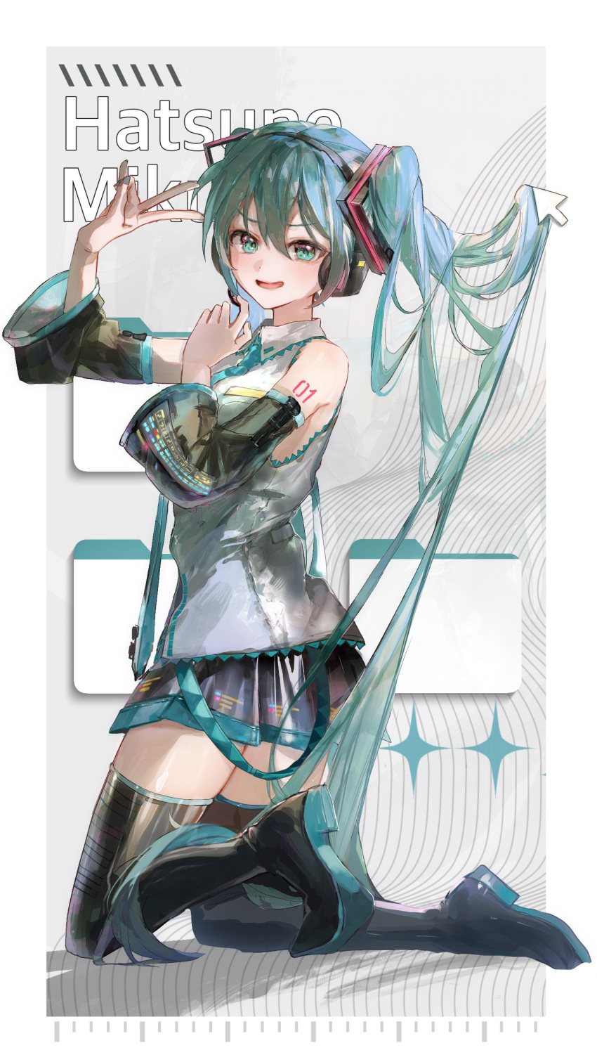 1girl absurdres aqua_eyes aqua_hair aqua_nails aqua_necktie arm_tattoo arm_up black_footwear black_skirt black_sleeves boots border character_name collared_shirt cursor detached_sleeves file full_body grey_background hair_ornament hand_up hatsune_miku headphones highres kikinoki kneeling long_hair looking_at_viewer necktie number_tattoo open_mouth outside_border pleated_skirt shirt skirt sleeveless sleeveless_shirt smile solo tattoo thigh_boots twintails v_over_eye very_long_hair vocaloid white_border white_shirt