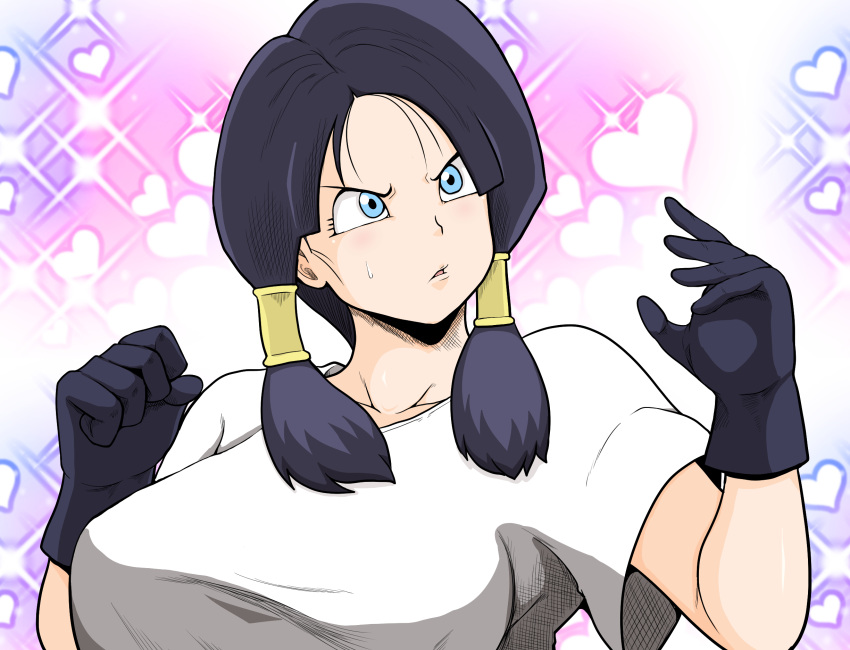1girl black_hair blue_eyes breasts collarbone dragon_ball dragon_ball_z gloves heart heart_background highres large_breasts lips long_hair open_mouth shirt solo sweatdrop toshiomaru twintails videl white_shirt