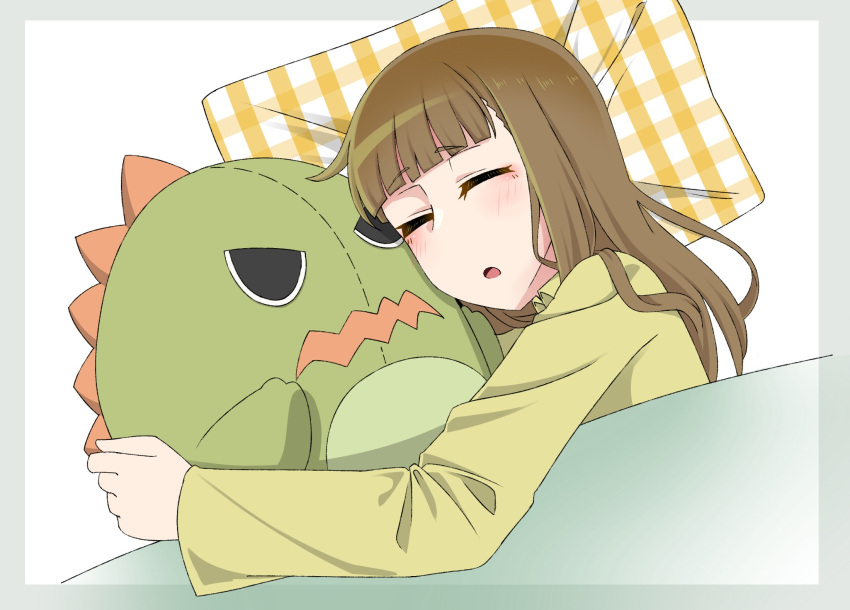 1girl blunt_bangs blush border brown_hair center-flap_bangs closed_eyes collared_shirt commentary_request green_shirt hair_down head_on_pillow highres hugging_doll hugging_object kachimachi_kosuzu link!_like!_love_live! long_hair long_sleeves love_live! lying on_side open_mouth outside_border shirt simple_background sleeping solo straight_hair stuffed_dinosaur tetetsu_(yuns4877) transparent_border under_covers upper_body virtual_youtuber white_background
