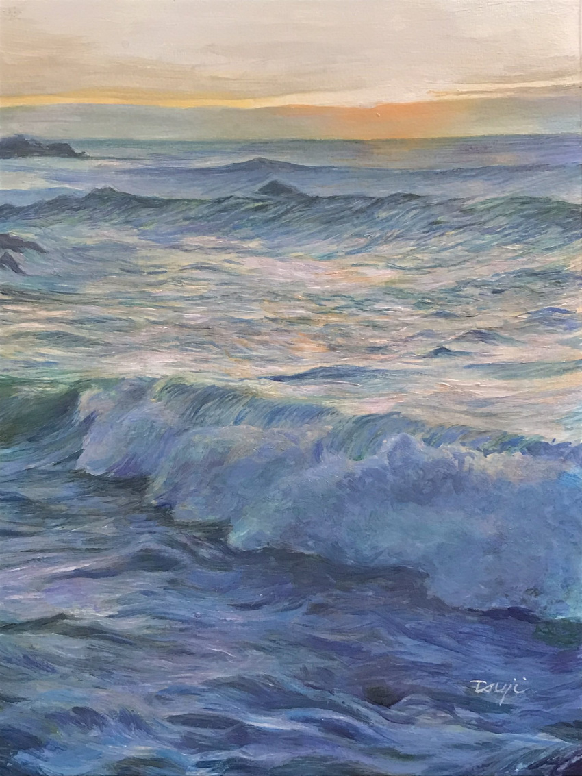 dawn day eyvzi172xqdkvs7 highres horizon morning no_humans ocean original painting_(medium) scenery shore sunrise traditional_media water watercolor_(medium) waves