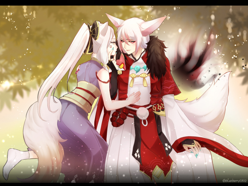 1boy 1girl anger_vein animal_ears blue_nails commentary_request dress feet_out_of_frame fingernails fox_boy fox_ears fox_girl fox_tail fur_collar hakama hakama_pants hakurou_(onmyoji) hand_on_another's_face hetero high_ponytail highres jacket japanese_clothes jewelry lanmei_jiang layered_sleeves long_dress long_hair long_sleeves looking_at_another magatama magatama_necklace necklace obi onmyoji open_mouth pants pelvic_curtain pink_eyes pom_pom_(clothes) purple_dress red_jacket sash seigaiha short_hair short_over_long_sleeves short_sleeves sleeveless sleeveless_dress smile socks tail textless_version very_long_hair white_hair white_pants white_socks wide_sleeves youko_(onmyoji)