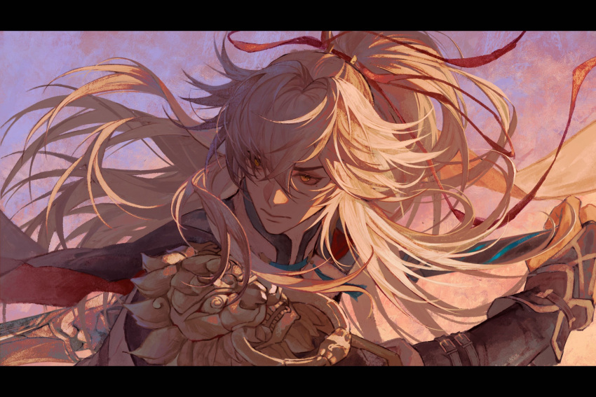 1boy armor blonde_hair bridal_gauntlets calendulamew chinese_commentary clouds commentary_request floating_hair hair_between_eyes hair_ribbon highres holding holding_weapon honkai:_star_rail honkai_(series) jing_yuan letterboxed long_hair looking_to_the_side male_focus mandarin_collar mole mole_under_eye outdoors pauldrons ponytail portrait purple_sky ribbon serious shoulder_armor sky solo weapon yellow_eyes