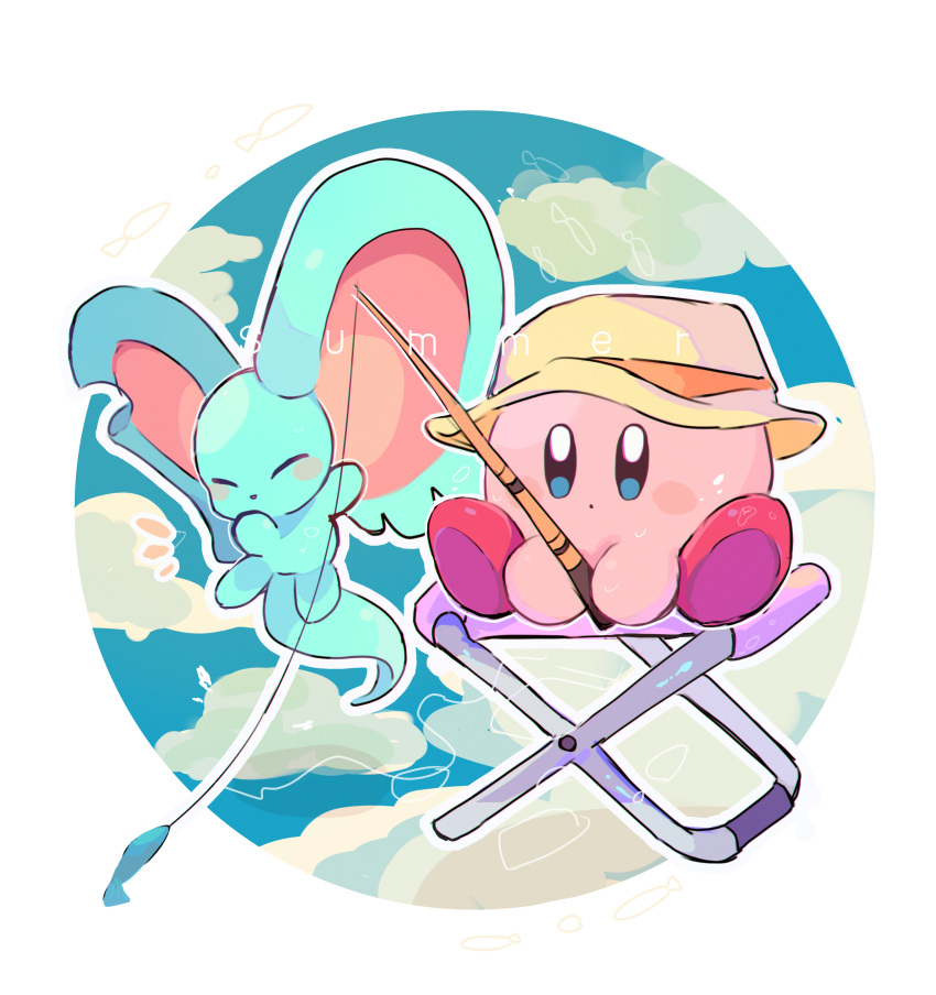 absurdres blush_stickers chair closed_eyes elfilin fish fishing fishing_rod highres holding holding_fishing_rod kirby kirby_(series) kirby_and_the_forgotten_land no_humans notched_ear outline piyomaru_(hachiyonnxxxx) sitting solid_oval_eyes tail white_outline