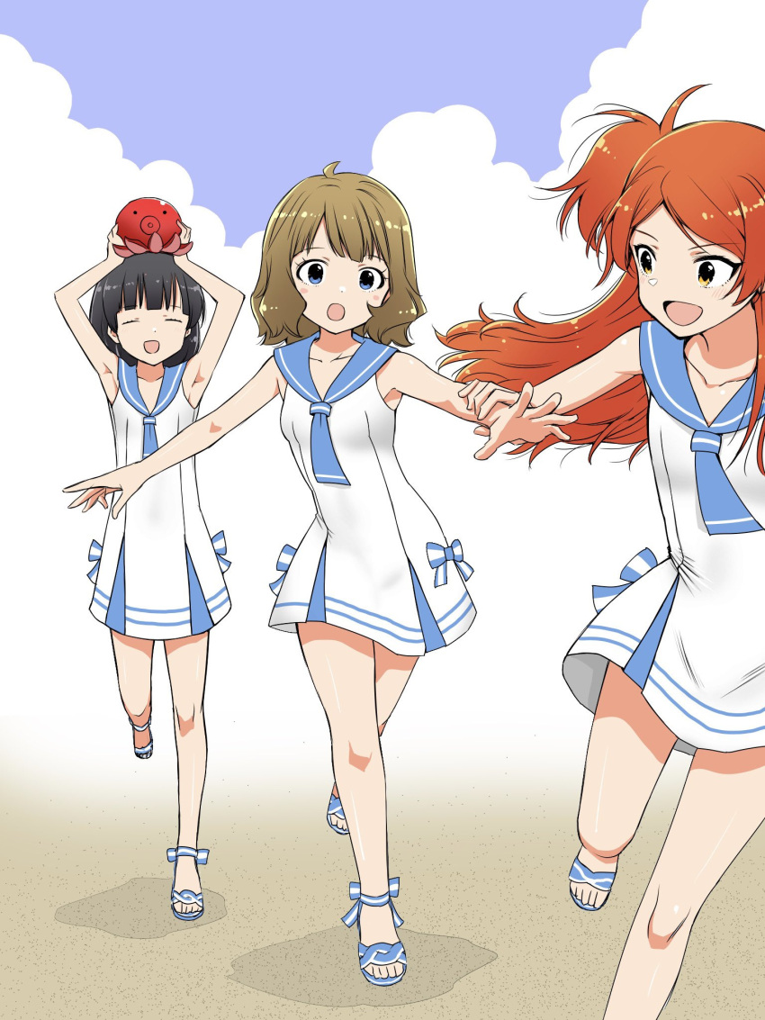 3girls ahoge armpits arms_up beach black_hair blue_eyes blue_sailor_collar blue_sky blunt_bangs blush breasts brown_hair closed_eyes clouds cloudy_sky collarbone dot_nose eyelashes full_body highres holding_another's_wrist idolmaster idolmaster_million_live! idolmaster_million_live!_theater_days matcha_kingyo multiple_girls nakatani_iku object_on_head octopus ogami_tamaki one-piece_swimsuit open_mouth orange_hair outstretched_arms parted_bangs ribbon running sailor_collar sailor_one-piece_swimsuit sailor_swimsuit_(idolmaster) sandals short_hair side_ponytail sidelocks sky small_breasts spread_arms suou_momoko swimsuit wavy_hair yellow_eyes