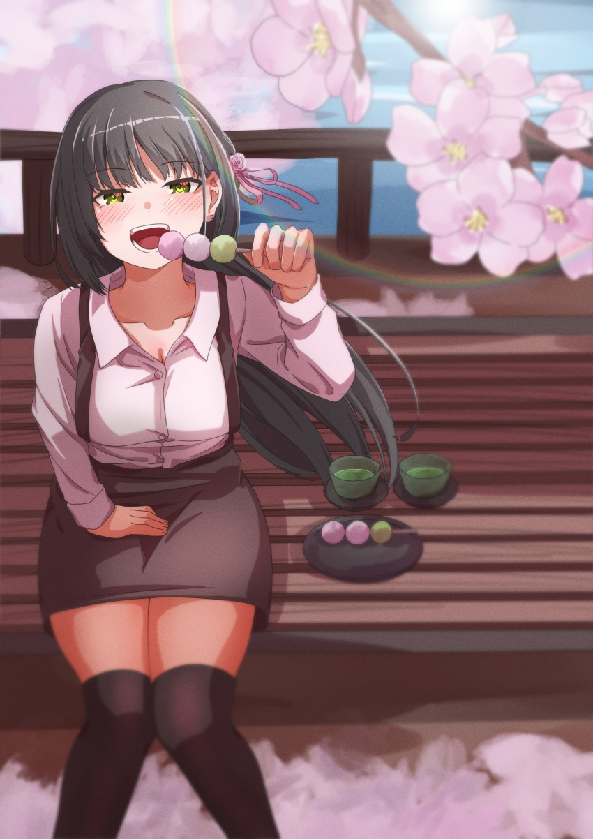 1girl :d absurdres bench black_hair black_thighhighs blurry blush brown_skirt cafe_stella_to_shinigami_no_chou cherry_blossoms collared_shirt commentary_request cup dango day depth_of_field dress_shirt earrings feet_out_of_frame flower food from_above green_tea hair_between_eyes hair_flower hair_ornament hair_ribbon hanami hand_up happy haribo_no_suke high-waist_skirt highres holding holding_food jewelry knees_together_feet_apart lens_flare long_hair long_sleeves looking_at_viewer looking_up mole mole_under_eye on_bench open_mouth outdoors park_bench pencil_skirt pink_flower pink_ribbon pink_rose ribbon rose sanshoku_dango shiki_natsume shirt sitting skirt smile solo spring_(season) straight_hair stud_earrings suspender_skirt suspenders tea teeth thigh-highs very_long_hair wagashi white_shirt wind yellow_eyes zettai_ryouiki