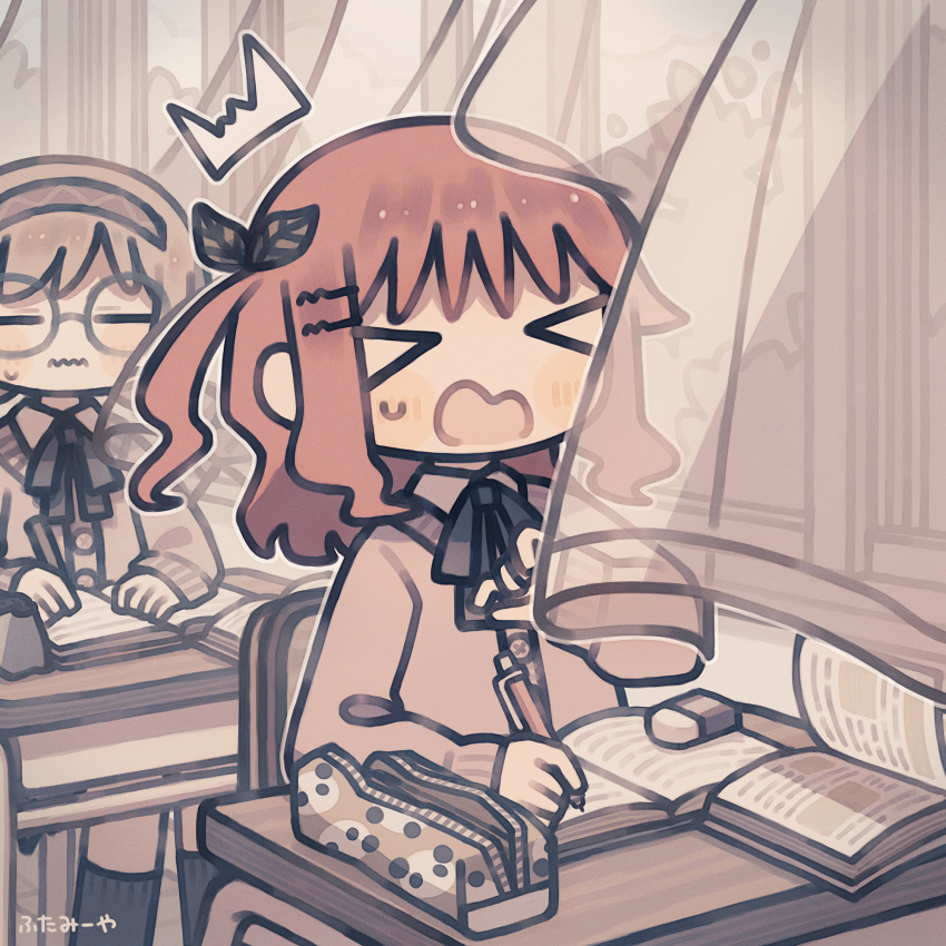 &gt;_&lt; 2girls ^^^ black_ribbon black_socks blush book brown_cardigan brown_hair cardigan classroom closed_eyes commentary_request day desk eraser floating_curtains frown futami_ya glasses hair_ornament hairclip hand_up highres holding holding_pencil indoors kneehighs long_hair long_sleeves mechanical_pencil multiple_girls neck_ribbon on_chair one_side_up open_book open_mouth open_window original pencil pencil_case redhead ribbon round_eyewear school school_desk see-through_curtains short_hair sidelocks sitting socks wavy_mouth wind window