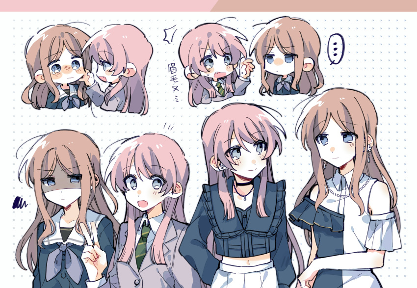... absurdres artist_request bang_dream! bang_dream!_it's_mygo!!!!! black_choker blue_eyes blue_shirt brown_hair chihaya_anon choker closed_mouth collared_shirt commission dotted_background earrings fang green_necktie grey_eyes grey_jacket haneoka_school_uniform highres jacket jewelry long_hair long_sleeves looking_at_another nagasaki_soyo necklace necktie pink_hair school_uniform second-party_source shaded_face shirt skin_fang smile spoken_ellipsis tearing_up tears v white_shirt