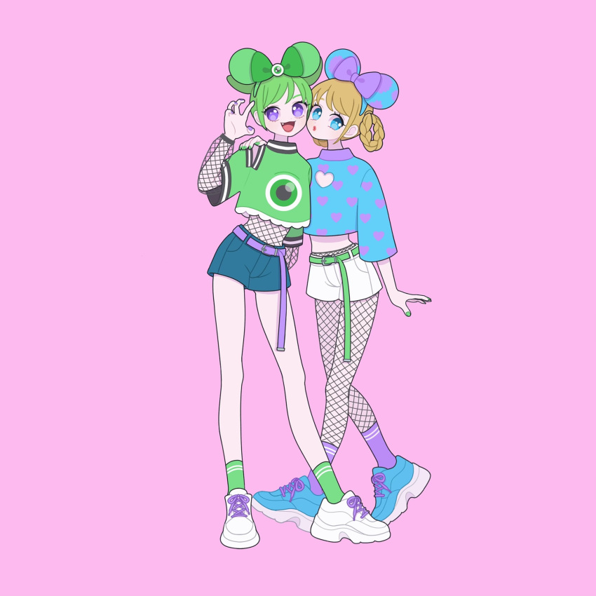 2girls :d belt blonde_hair blue_bow blue_eyes blue_footwear blue_hairband blue_shirt blue_shorts bow bow_hairband claw_pose commentary_request cone_hair_bun double_bun fishnet_pantyhose fishnet_top fishnets fukuhara_ann full_body green_bow green_hair green_hairband green_shirt green_socks hair_bow hair_bun hairband hand_on_another's_shoulder hand_up highres looking_at_viewer morizono_wakana multiple_girls nyaasechan open_mouth pantyhose pink_background pretty_rhythm pretty_rhythm_rainbow_live pretty_series print_shirt purple_socks shirt shoes short_hair short_sleeves shorts simple_background smile sneakers socks standing violet_eyes white_footwear white_shorts