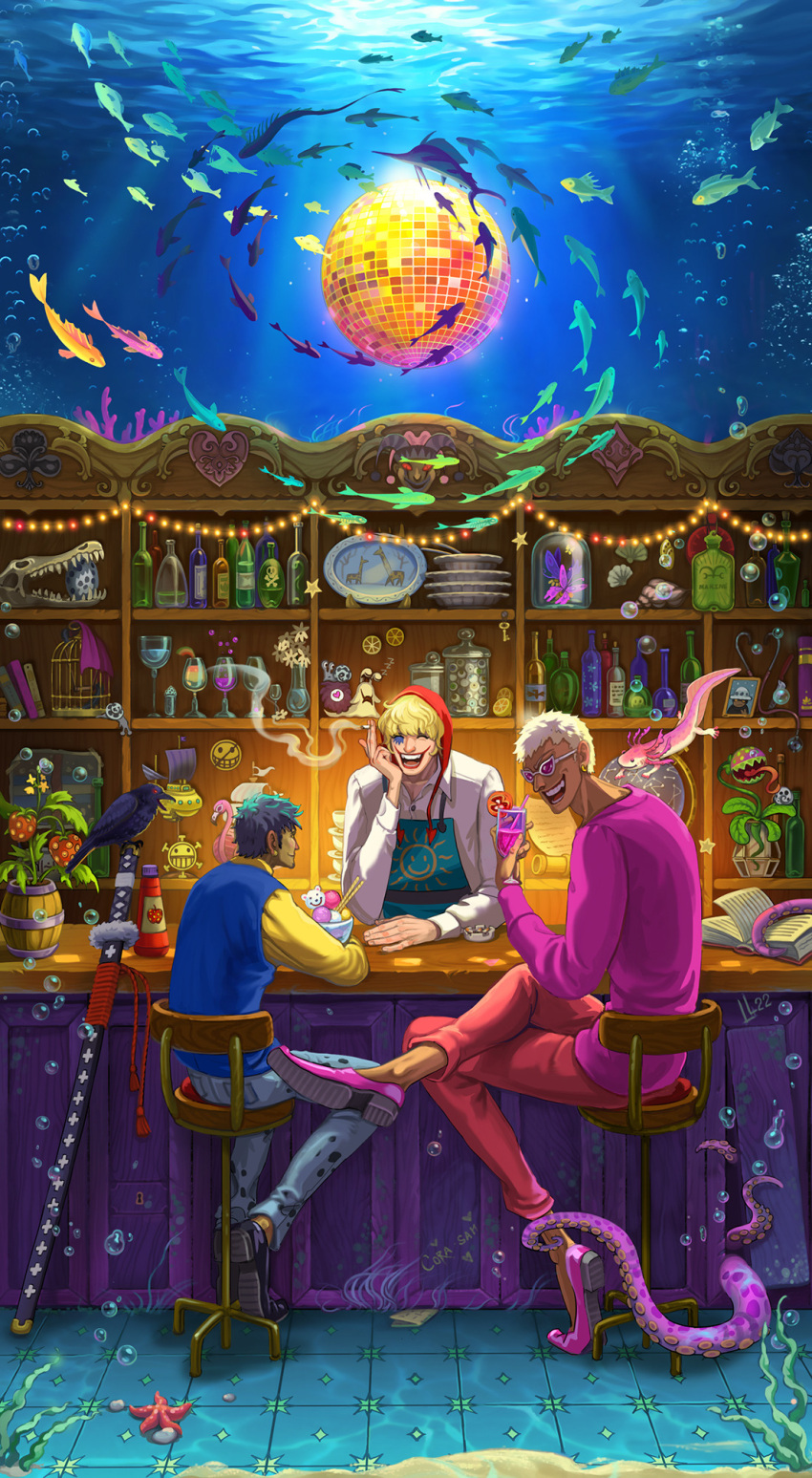 3boys algae apron ashtray axolotl bar_(place) barrel birdcage black_hair blonde_hair blue_vest book bottle brothers bubble bug butterfly cage cigarette closed_eyes closed_mouth cocktail_glass collared_shirt crossed_legs cup den_den_mushi denim disco_ball donquixote_doflamingo donquixote_rocinante drinking_glass earrings food fruit highres holding holding_cigarette ice_cream_cup jeans jewelry lemon lemon_slice li-louie looking_at_another makeup male_focus multiple_boys ocean one_piece open_mouth pants photo_(object) pink_shirt plate print_apron red_pants shirt short_hair siblings sitting skull smile smiley_face starfish sunglasses sword teeth tentacles trafalgar_law tropical_fish underwater vase vest weapon white_shirt wine_glass yellow_shirt