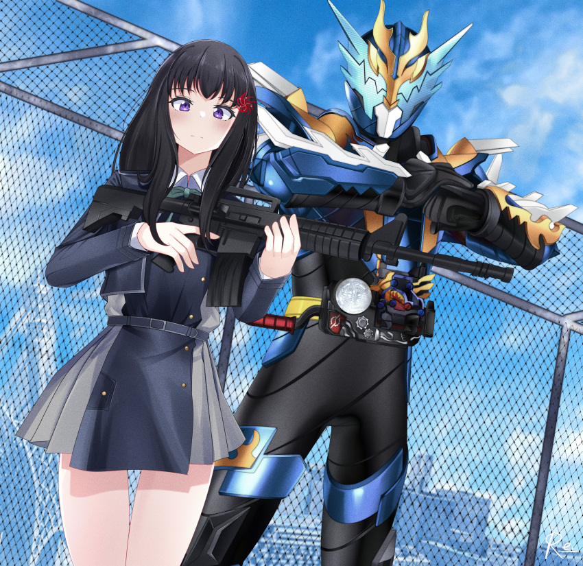 1boy 1girl absurdres aqua_ribbon armor assault_rifle belt black_hair black_socks blue_armor blue_belt blue_dress blue_eyes blue_sky bodysuit breasts brown_footwear build_driver chain-link_fence clenched_hand closed_mouth collared_shirt dragon dress fence fire flame_print full_body gloves glowing glowing_eyes grey_dress gun highres inoue_takina kamen_rider_cross-z kneehighs loafers long_hair long_sleeves looking_at_viewer lycoris_recoil lycoris_uniform neck_ribbon pleated_dress reiei_8 ribbon rider_belt rifle science_fiction shirt shoes shoulder_armor simple_background sky small_breasts socks solo standing tachi-e tokusatsu two-tone_dress violet_eyes weapon white_shirt