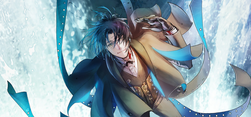1boy black_hair bow bowtie disheveled falling fate/grand_order fate_(series) game_cg gloves green_eyes jacket long_sleeves looking_at_viewer male_focus messy_hair official_art sherlock_holmes_(fate) shirt short_hair smile solo suit water yamanaka_kotetsu
