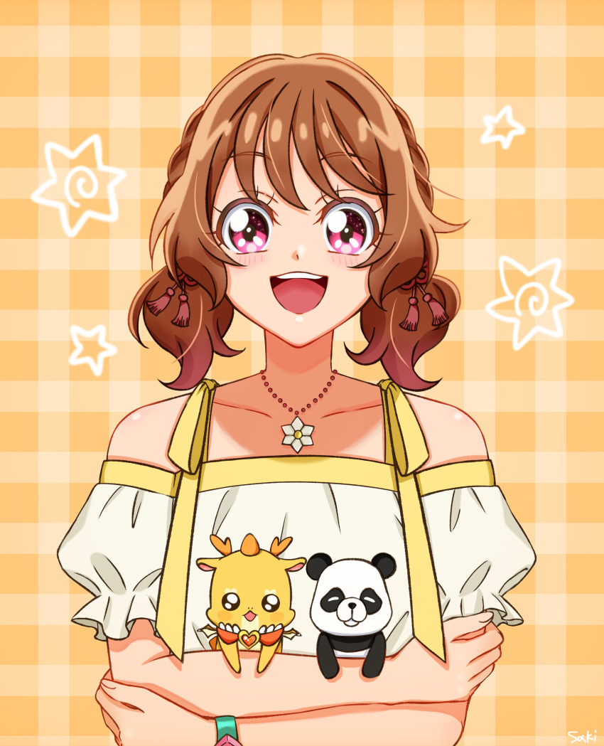 1girl :d absurdres animal blush bow brown_hair collarbone delicious_party_precure dot_nose hanamichi_ran highres holding holding_animal jewelry looking_at_viewer low_twintails mem-mem_(precure) necklace off-shoulder_shirt off_shoulder open_mouth orange_background panda pink_eyes plaid plaid_background precure puffy_short_sleeves puffy_sleeves saki_(pixiv90771732) shirt short_hair short_sleeves short_twintails smile straight-on twintails watch watch white_shirt yellow_bow