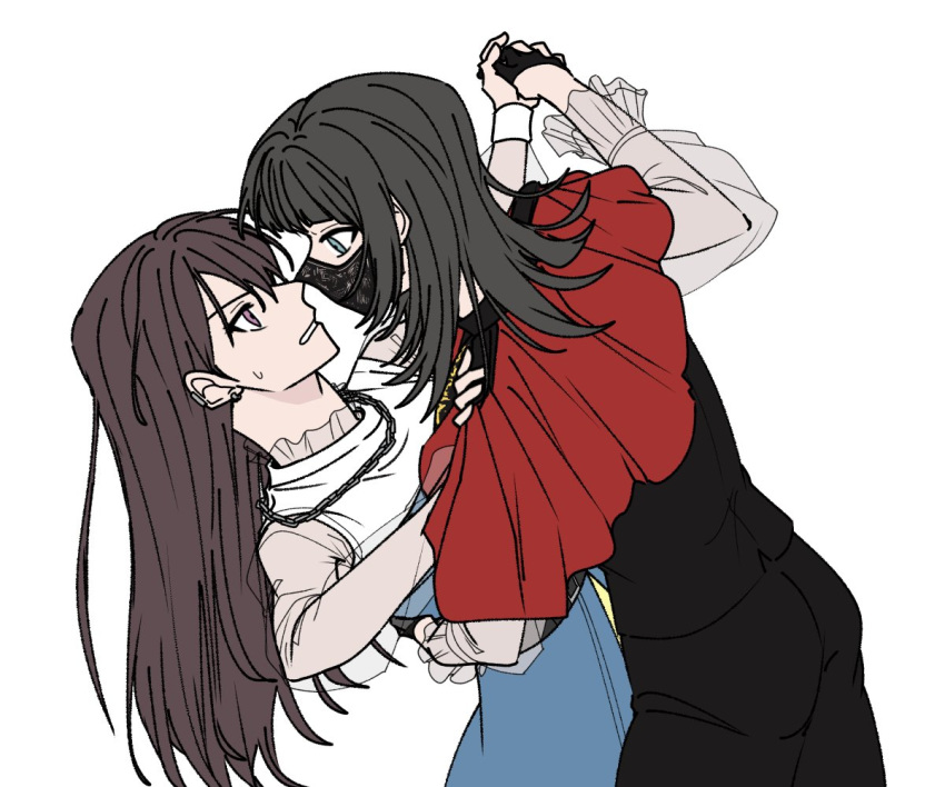 2girls a_jak bang_dream! bang_dream!_it's_mygo!!!!! black_hair black_pants black_shirt blue_eyes brown_hair capelet chain_necklace commentary_request dancing ear_piercing earclip eye_contact hand_on_another's_shoulder hand_on_another's_waist holding_hands jewelry korean_commentary long_hair looking_at_another multiple_girls necklace pants parted_lips piercing red_capelet shiina_taki shirt simple_background sweatdrop violet_eyes white_background yahata_umiri yuri
