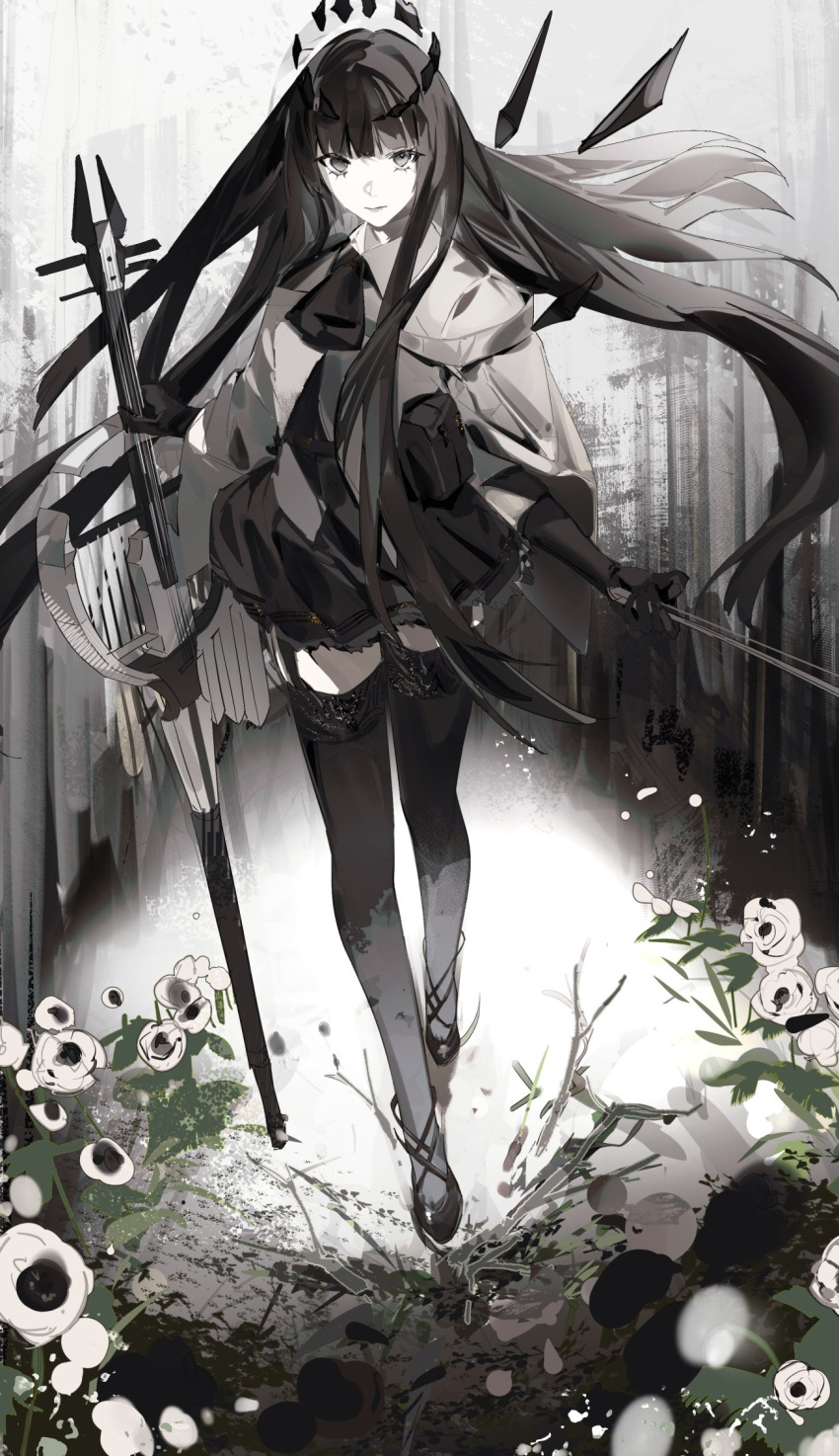 1girl aonogura arknights ascot black_ascot black_eyes black_footwear black_garter_straps black_gloves black_hair black_halo black_skirt black_thighhighs black_wings blunt_bangs bow_(music) broken_halo cello closed_mouth collared_jacket colored_skin commentary dark_halo detached_wings energy_wings expressionless floating_hair flower full_body garter_straps gloves halo high_heels highres hime_cut holding holding_bow_(music) holding_instrument instrument jacket layered_sleeves legs long_hair long_sleeves looking_at_viewer miniskirt pleated_skirt pouch rose short-sleeved_jacket short_over_long_sleeves short_sleeves sidelocks skirt solo standing straight_hair strap strappy_heels symbol-only_commentary thigh-highs very_long_hair virtuosa_(arknights) walking white_flower white_jacket white_rose white_skin wide_sleeves wing_collar wings zettai_ryouiki